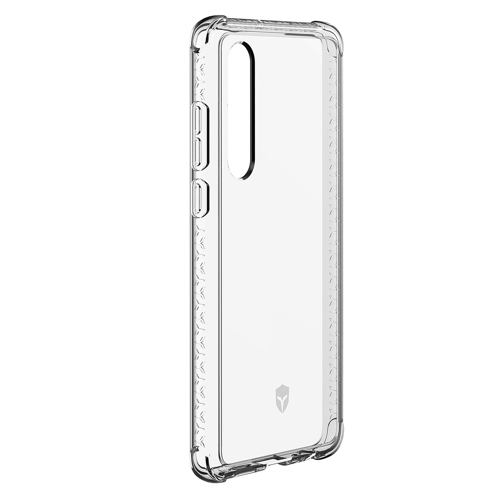 Transparante telefoonhoes met logo op een witte achtergrond.