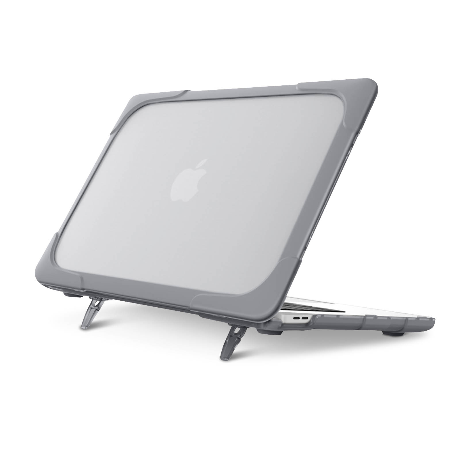 Ein Laptop-Computer befindet sich in einer grauen Schutzhülle. Die Hülle ist abgewinkelt.