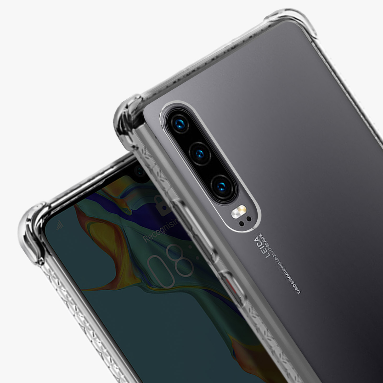 Twee telefoons met doorzichtige hoesjes. De bovenste telefoon heeft een drievoudige camera. Lichte grijze achtergrond.