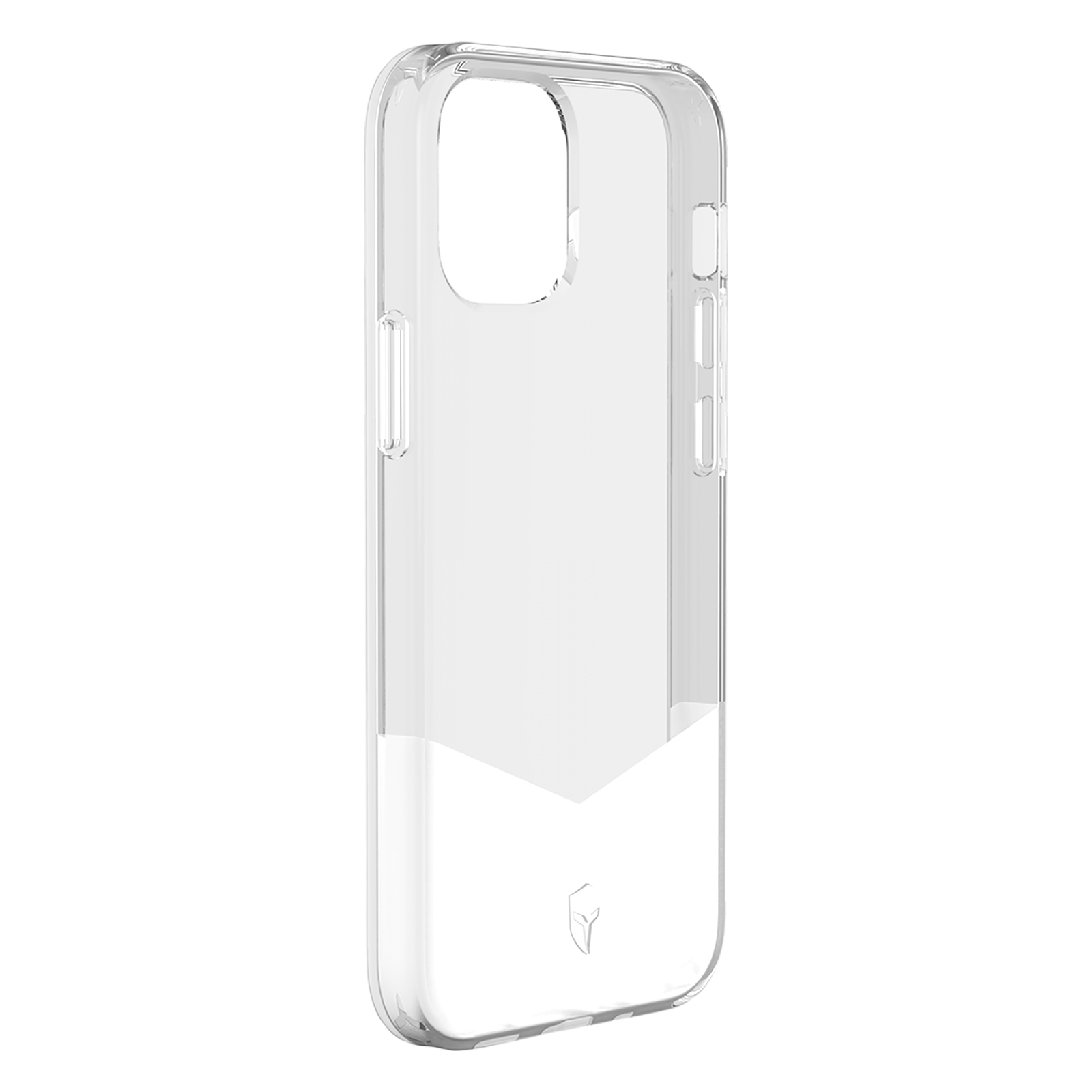 Coque de téléphone transparente sur fond blanc. Le bas a un motif en chevrons blanc. La coque est transparente.