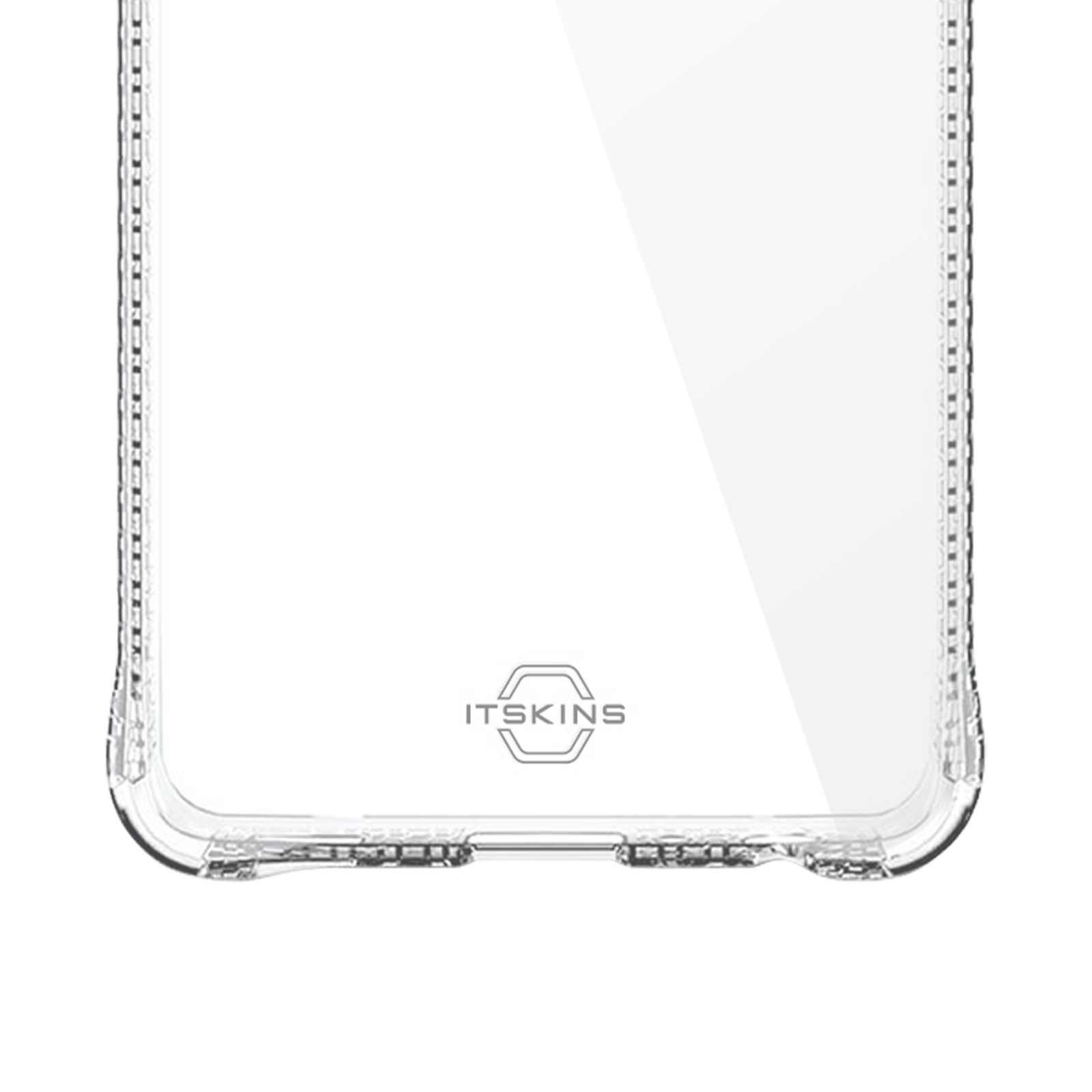 Custodia trasparente per telefono con il logo ITSKINS. La custodia è trasparente e progettata per proteggere il telefono.