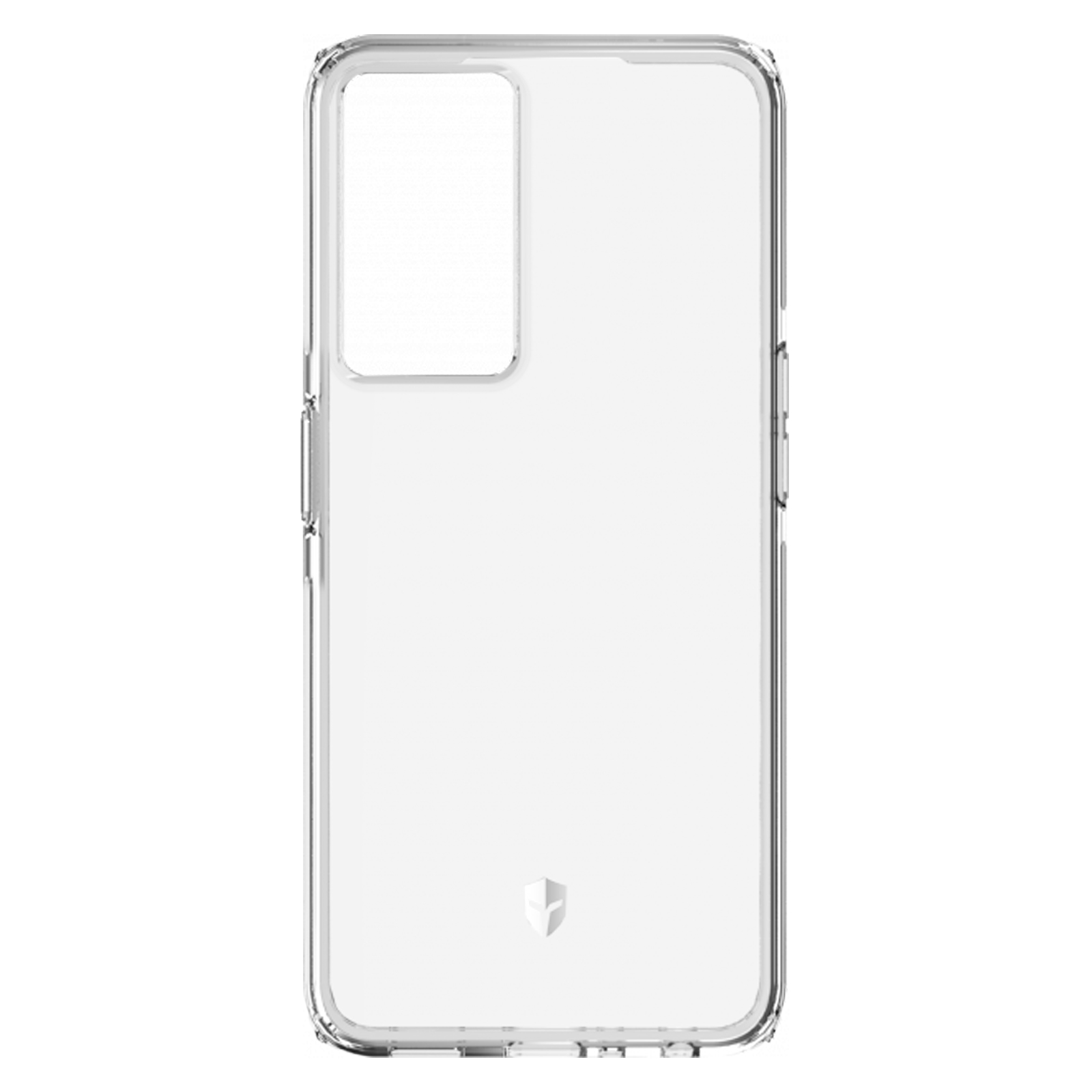 Custodia trasparente per telefono su sfondo bianco. Fori per fotocamera e pulsanti.