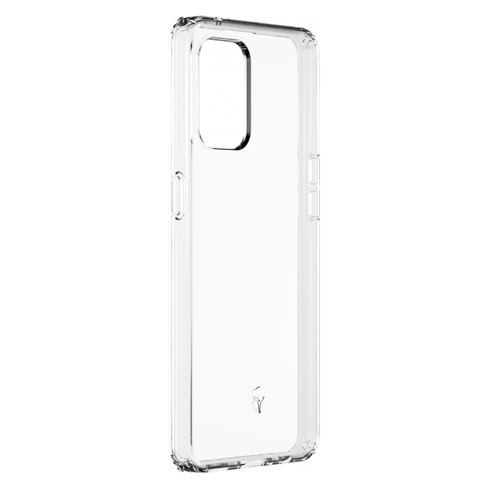 Custodia trasparente per telefono, vista laterale. Plastica trasparente con aperture per i pulsanti e la fotocamera.