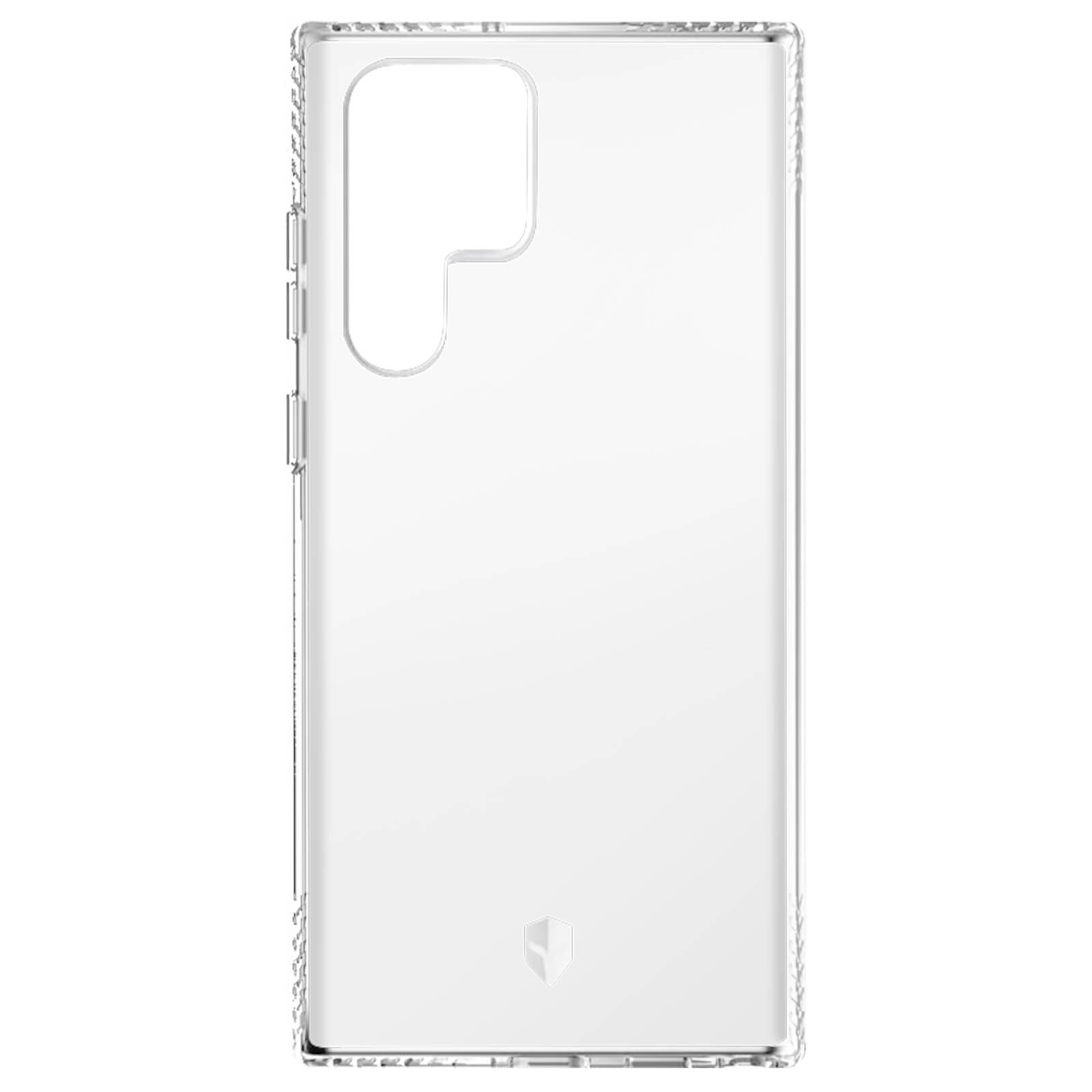 Coque de téléphone transparente avec découpe pour l'appareil photo. Les boutons sont visibles.