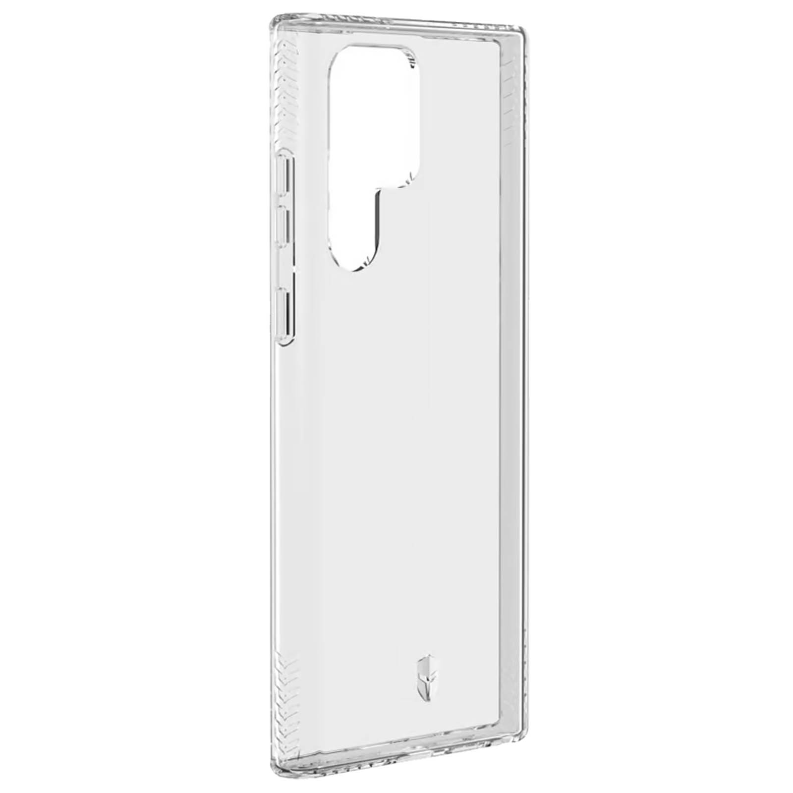 Coque de téléphone transparente vue de côté. Elle a un design protecteur avec des découpes pour les boutons.