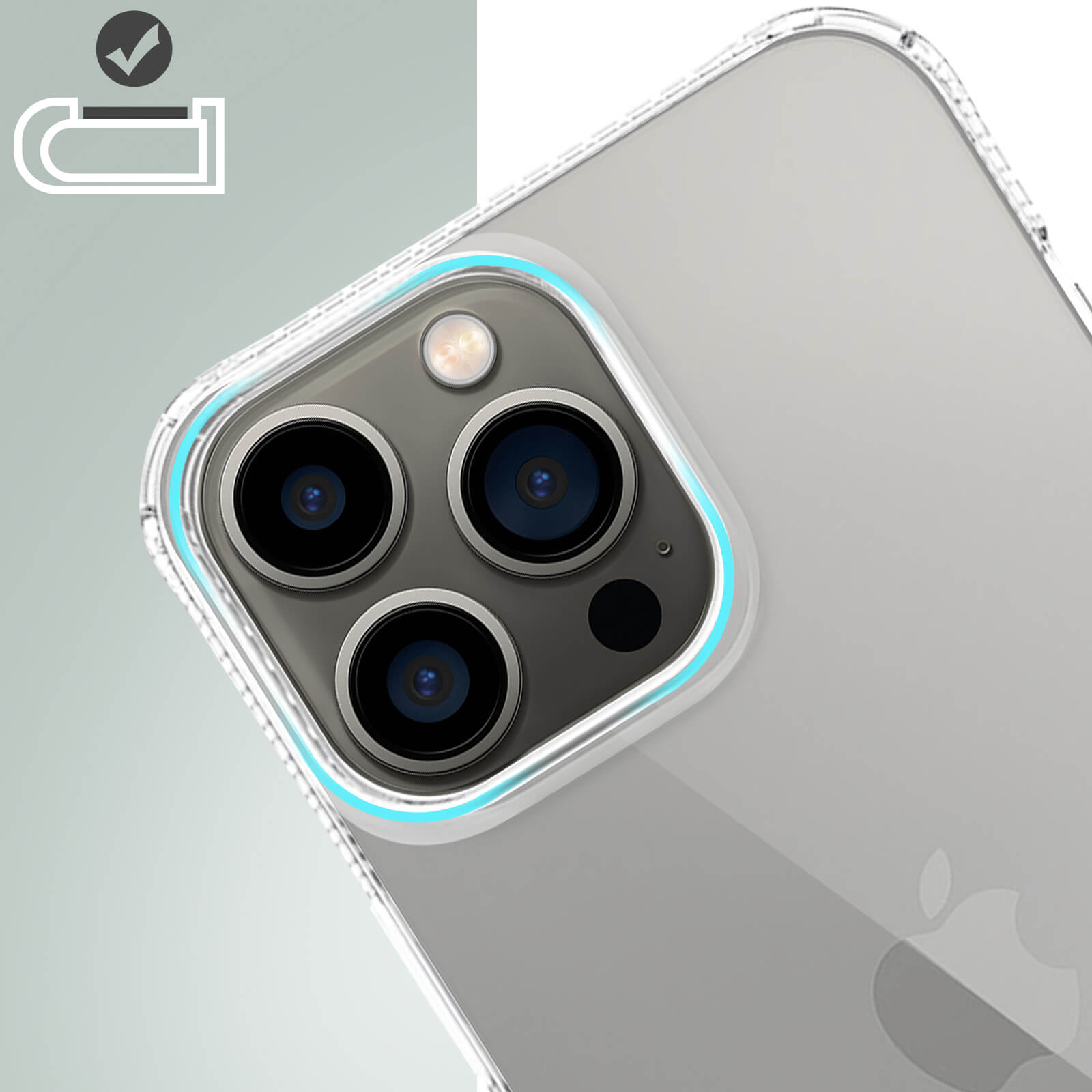 Primo piano della fotocamera di un telefono. La custodia trasparente mostra l'obiettivo.