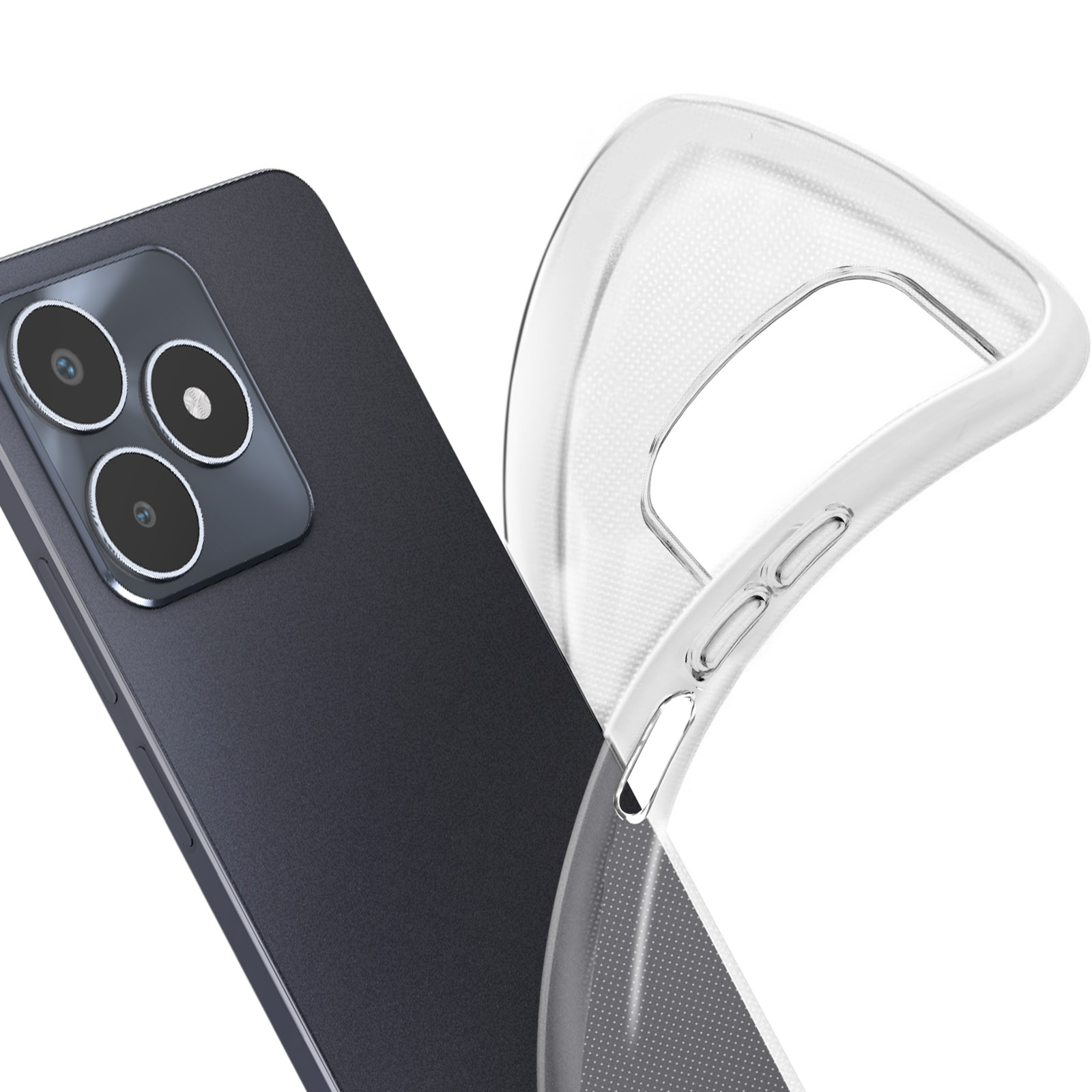 Custodia trasparente per telefono su telefono nero, primo piano. Design a pois. Sfondo bianco.