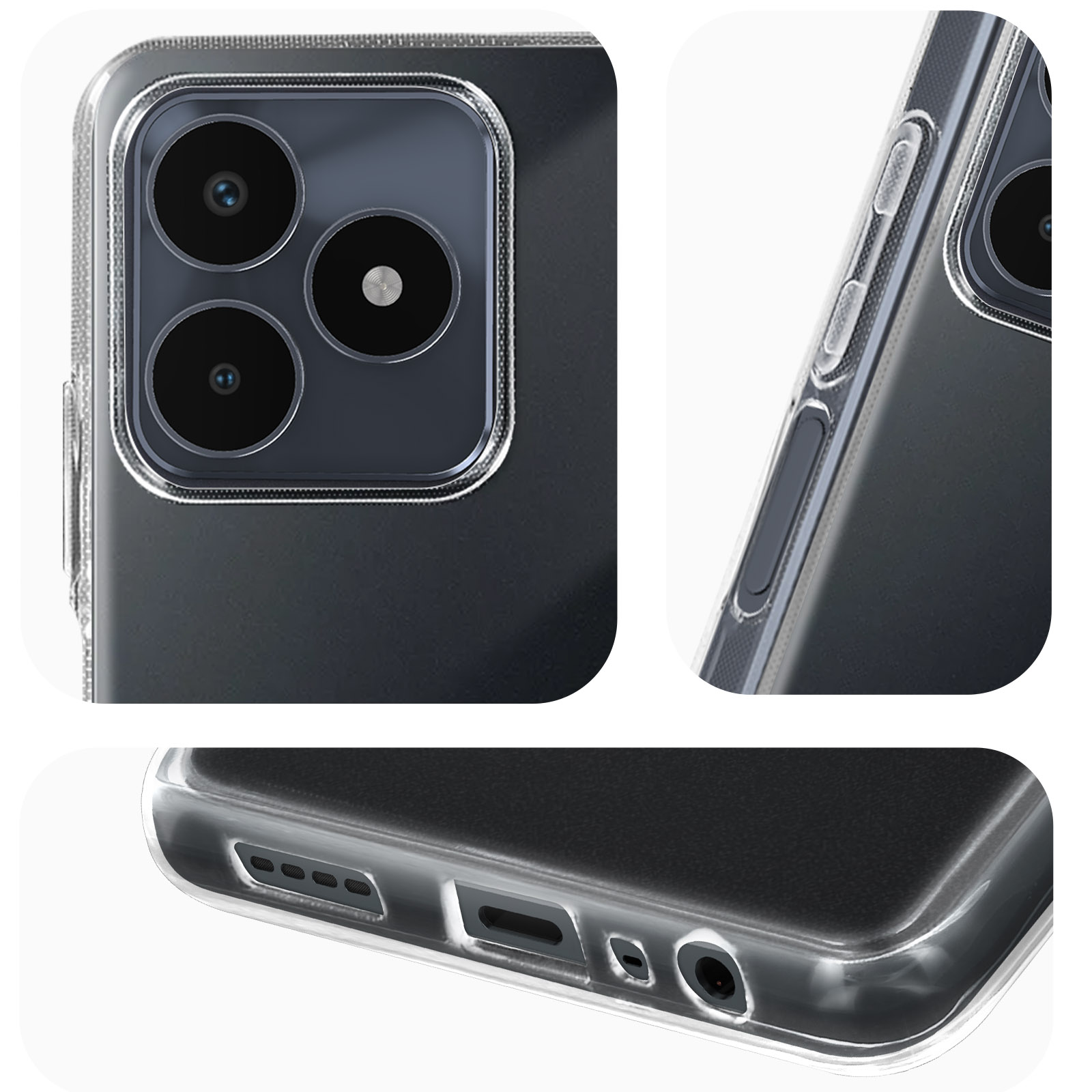 Primo piano della fotocamera e dei dettagli laterali di un telefono in una custodia trasparente.