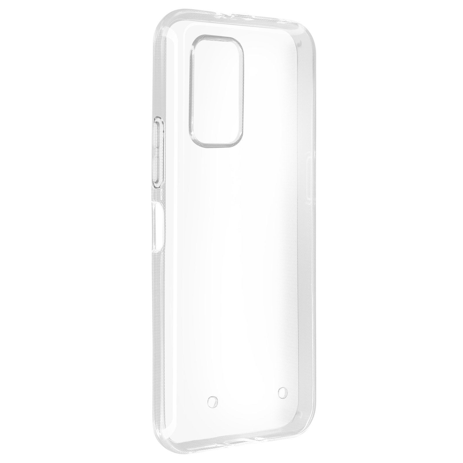 Custodia trasparente per telefono, che mostra l'intaglio della fotocamera e i pulsanti laterali.