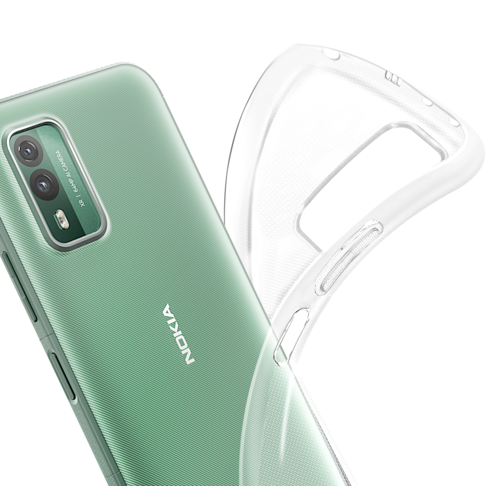 Telefono Nokia verde con custodia trasparente. Il telefono mostra la fotocamera posteriore e il marchio.