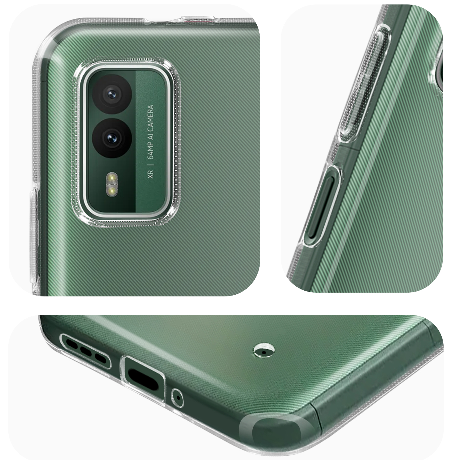 Primo piano di una custodia verde per telefono con fotocamera e porte.