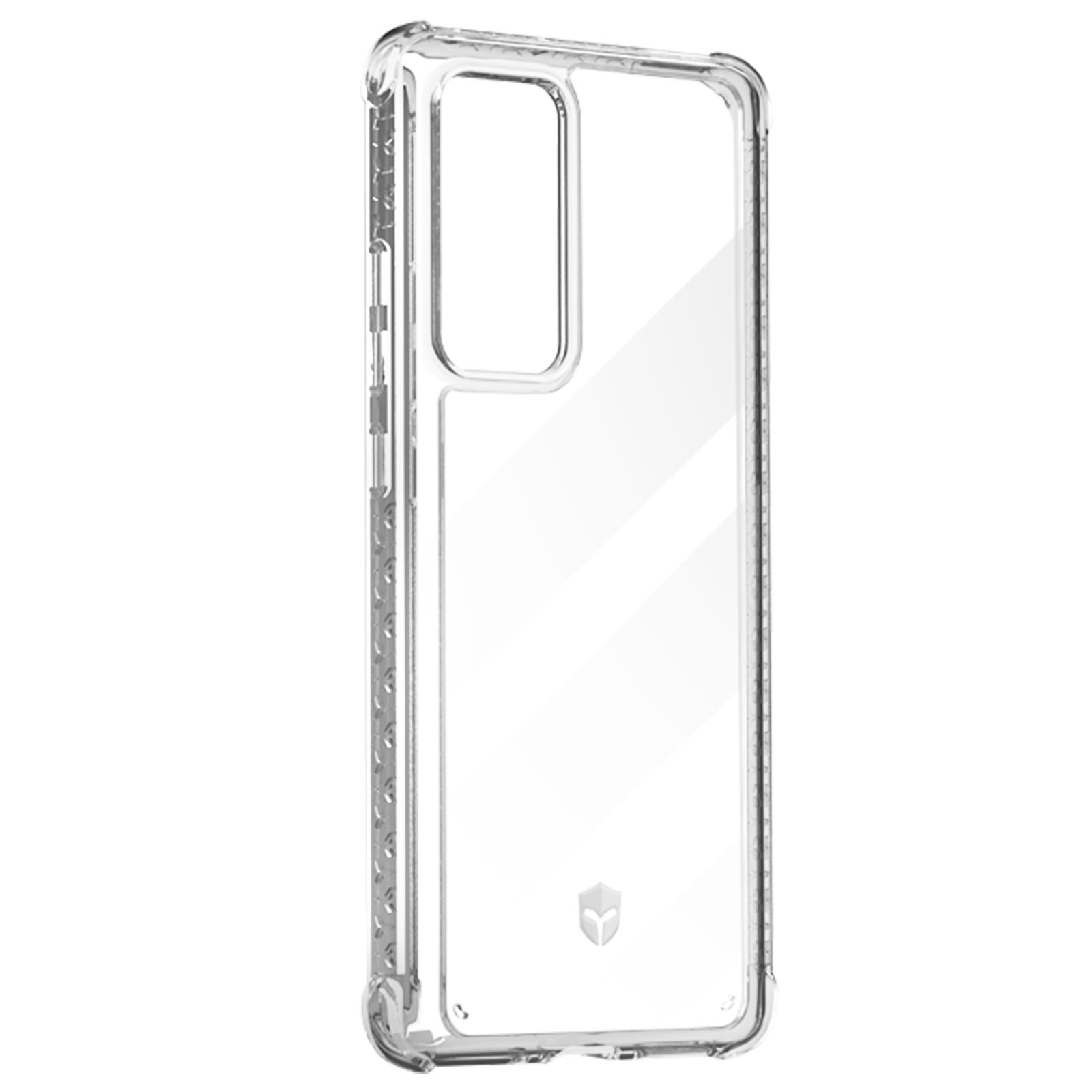Coque de téléphone transparente sur fond blanc.