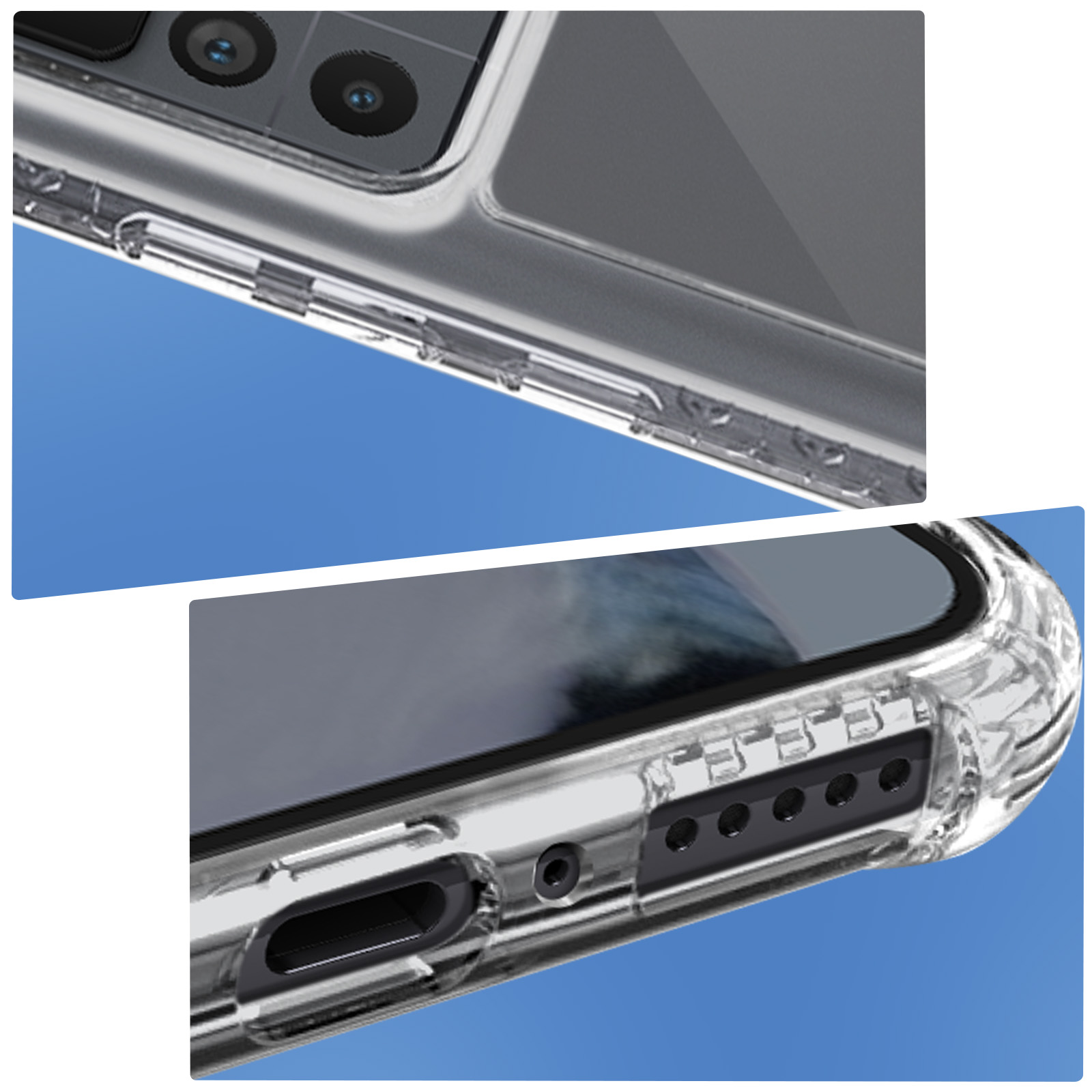 Gros plan sur une coque de téléphone transparente montrant la caméra et les détails du port de charge sur fond bleu.