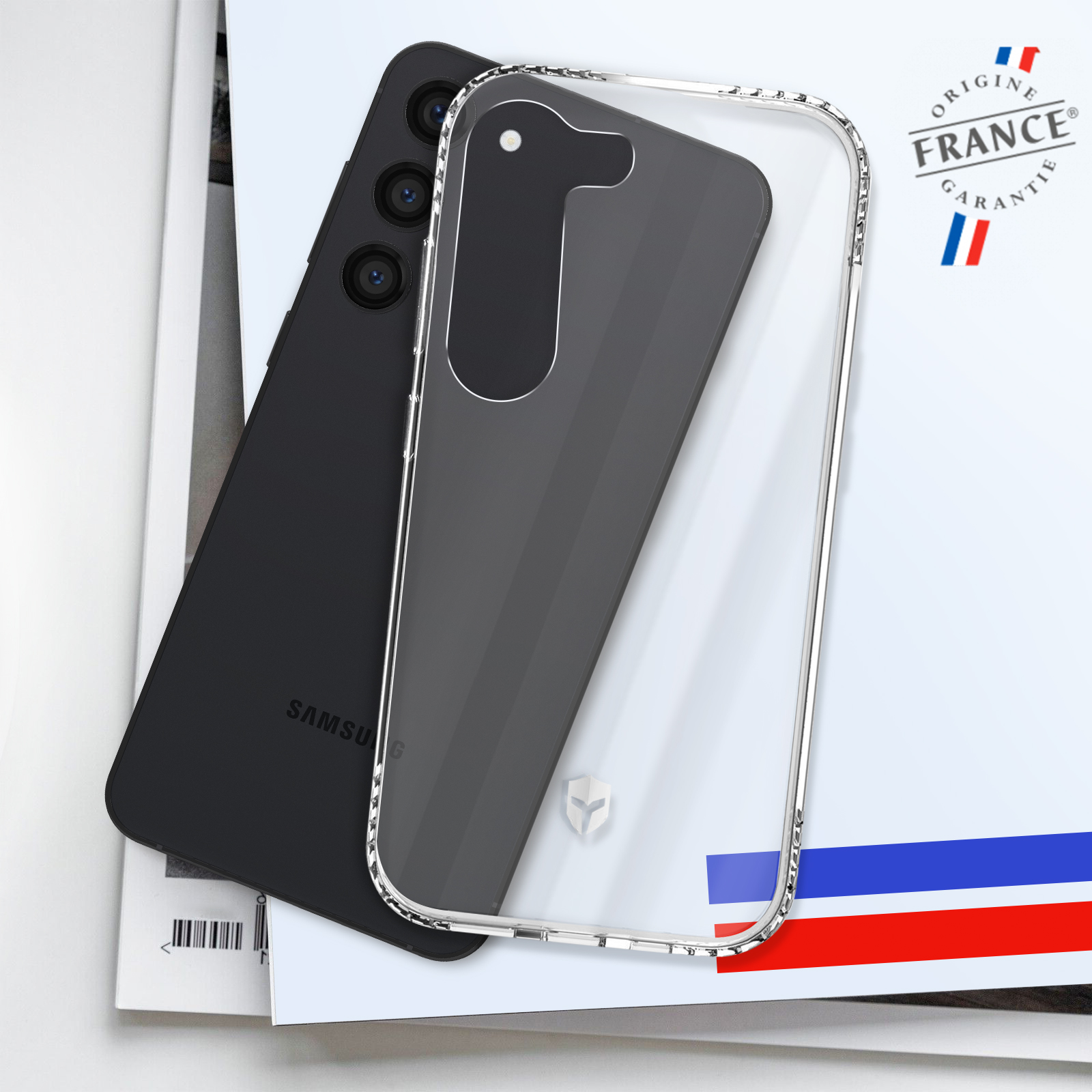 Téléphone noir avec coque transparente et fond papier blanc, avec logo drapeau français.