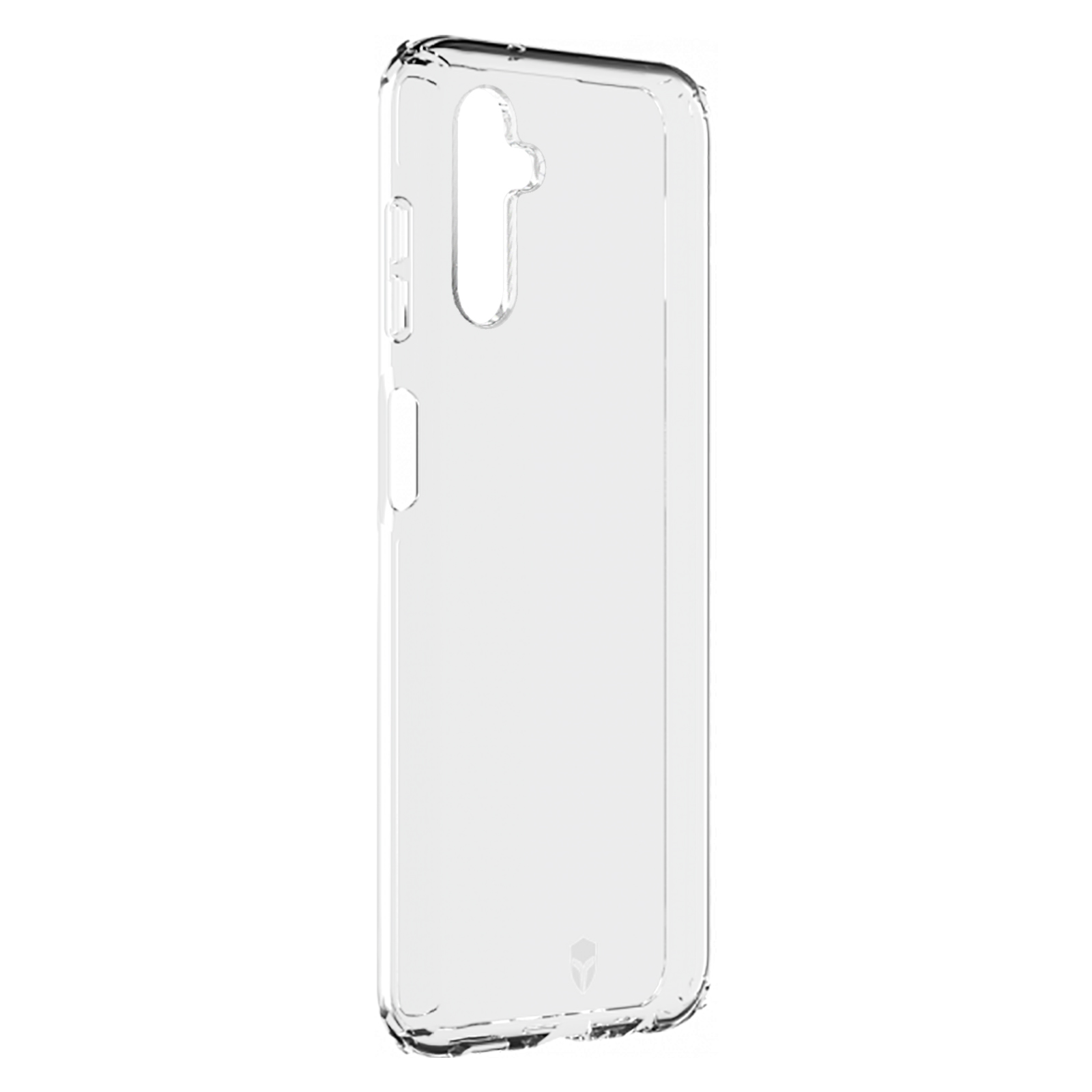 Transparente Handyhülle, transparent, mit Aussparungen für Kamera und Knöpfe, vor hellem Hintergrund.