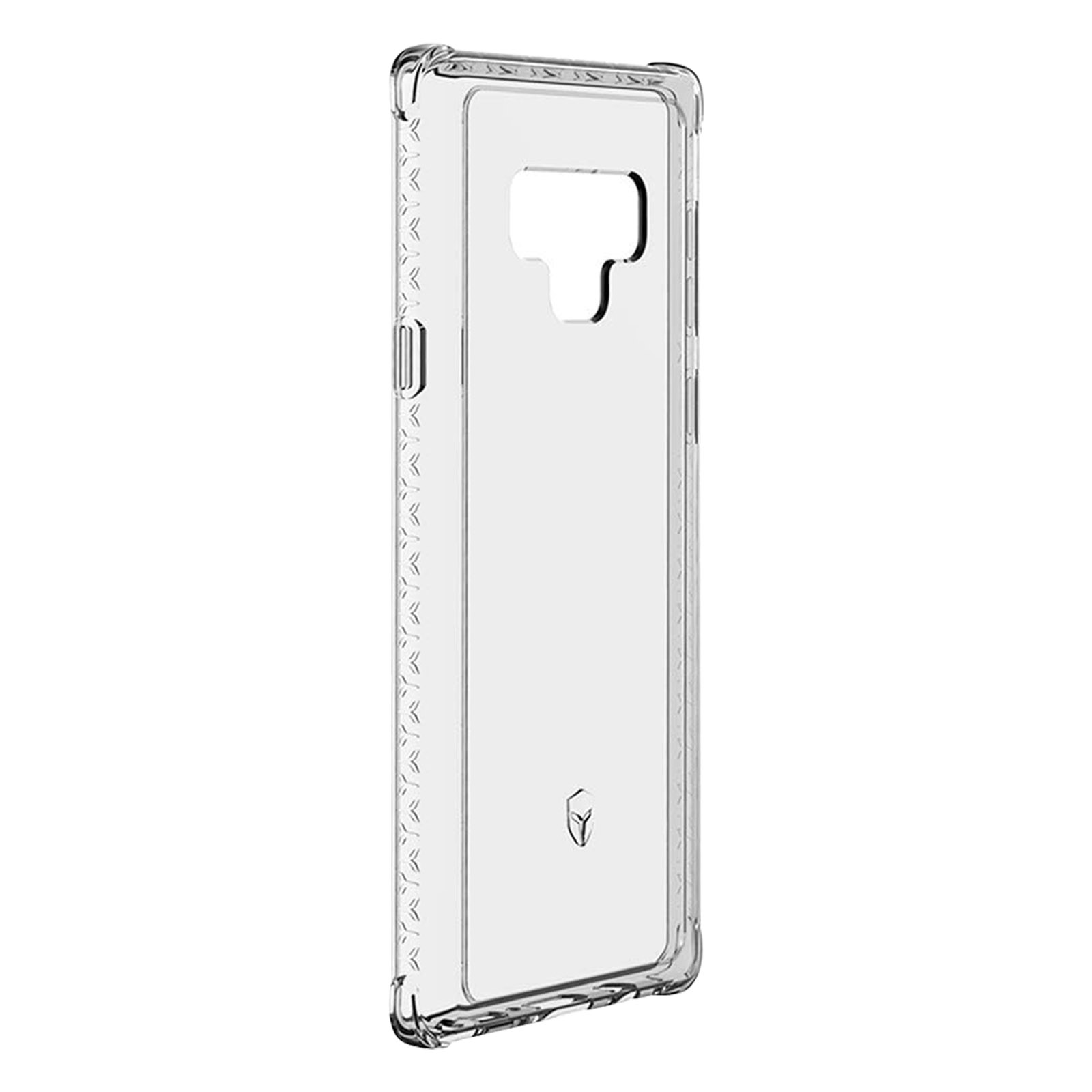 Custodia trasparente per telefono, con ritaglio per fotocamera e pulsanti laterali.