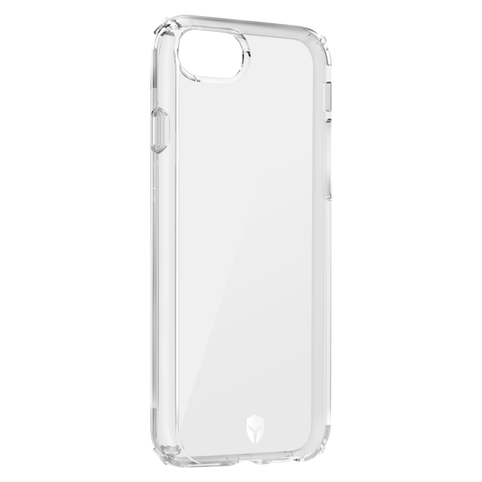 Coque de téléphone transparente. La coque est transparente, avec des découpes pour l'appareil photo et les boutons.