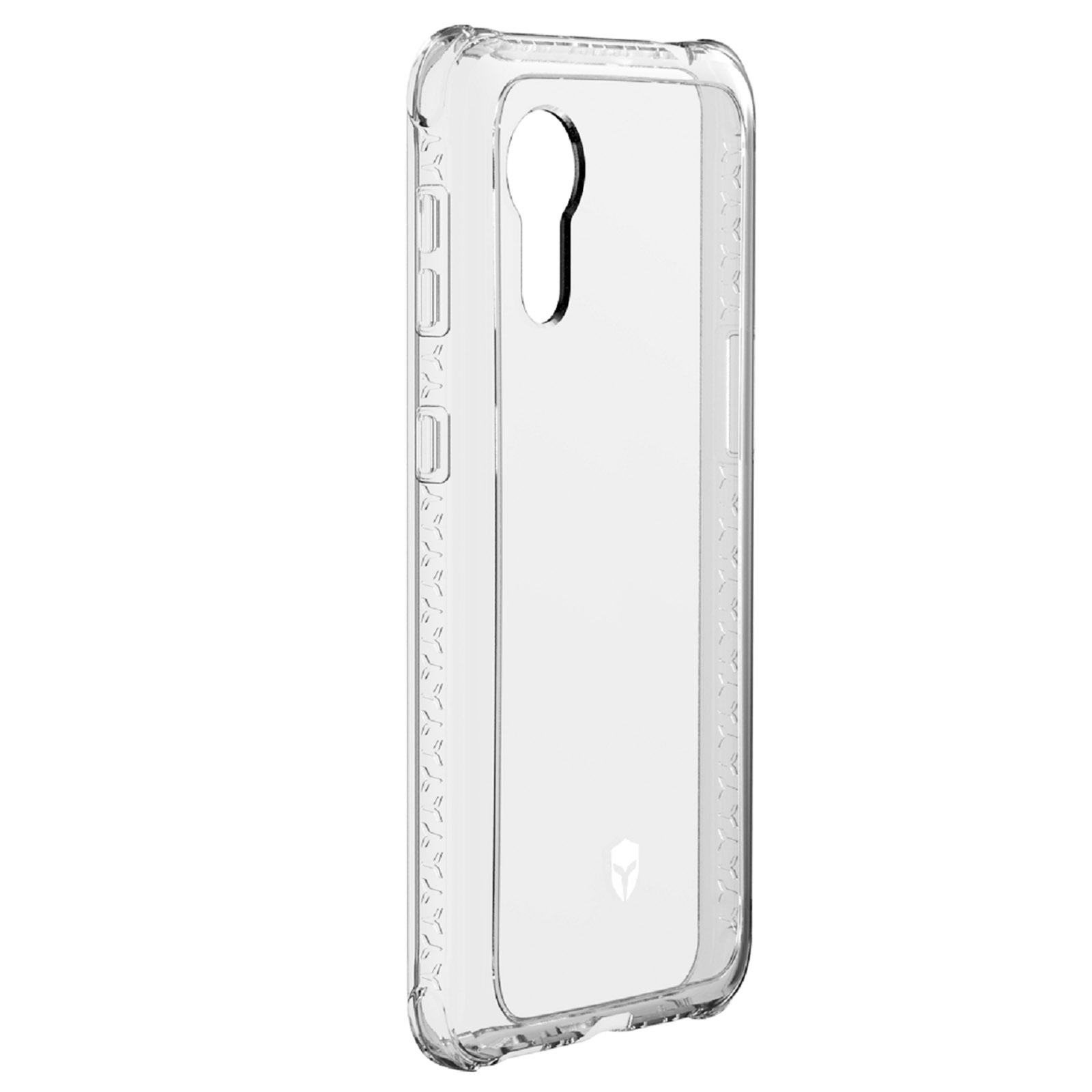Coque de téléphone transparente avec boutons et trou caméra.
