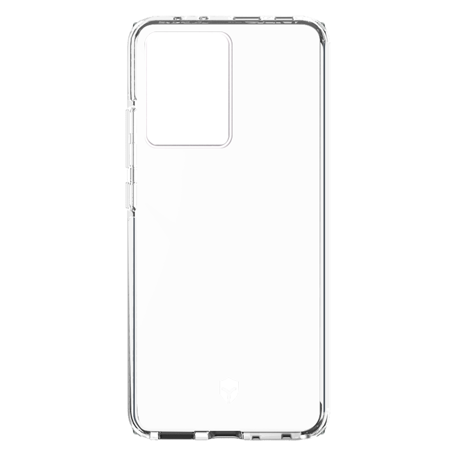 Transparante telefoonhoes. Met camera-uitsparing en toont de achterkant van de telefoon.