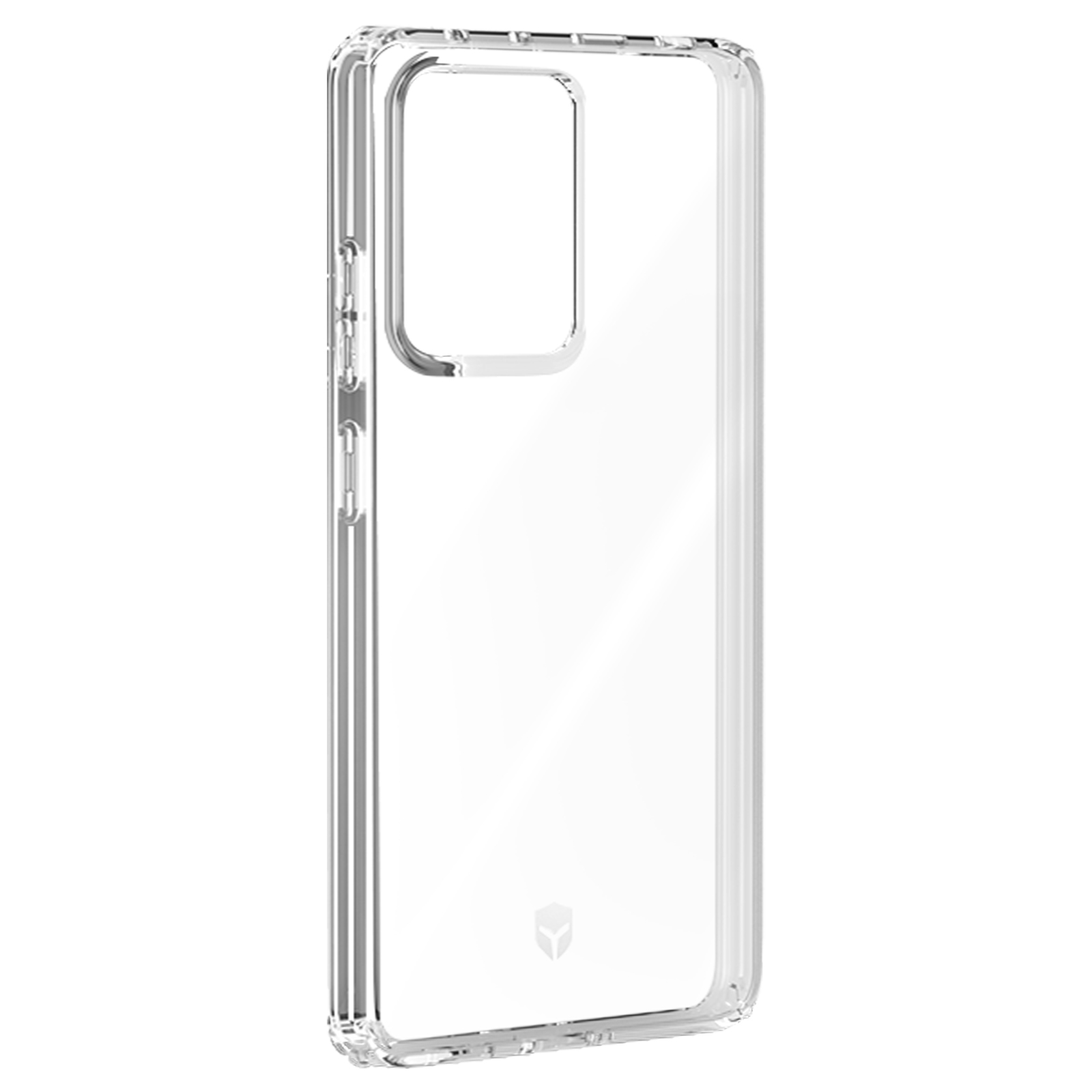 Een doorzichtige telefoonhoes. De hoes is transparant en toont de vorm van de telefoon.