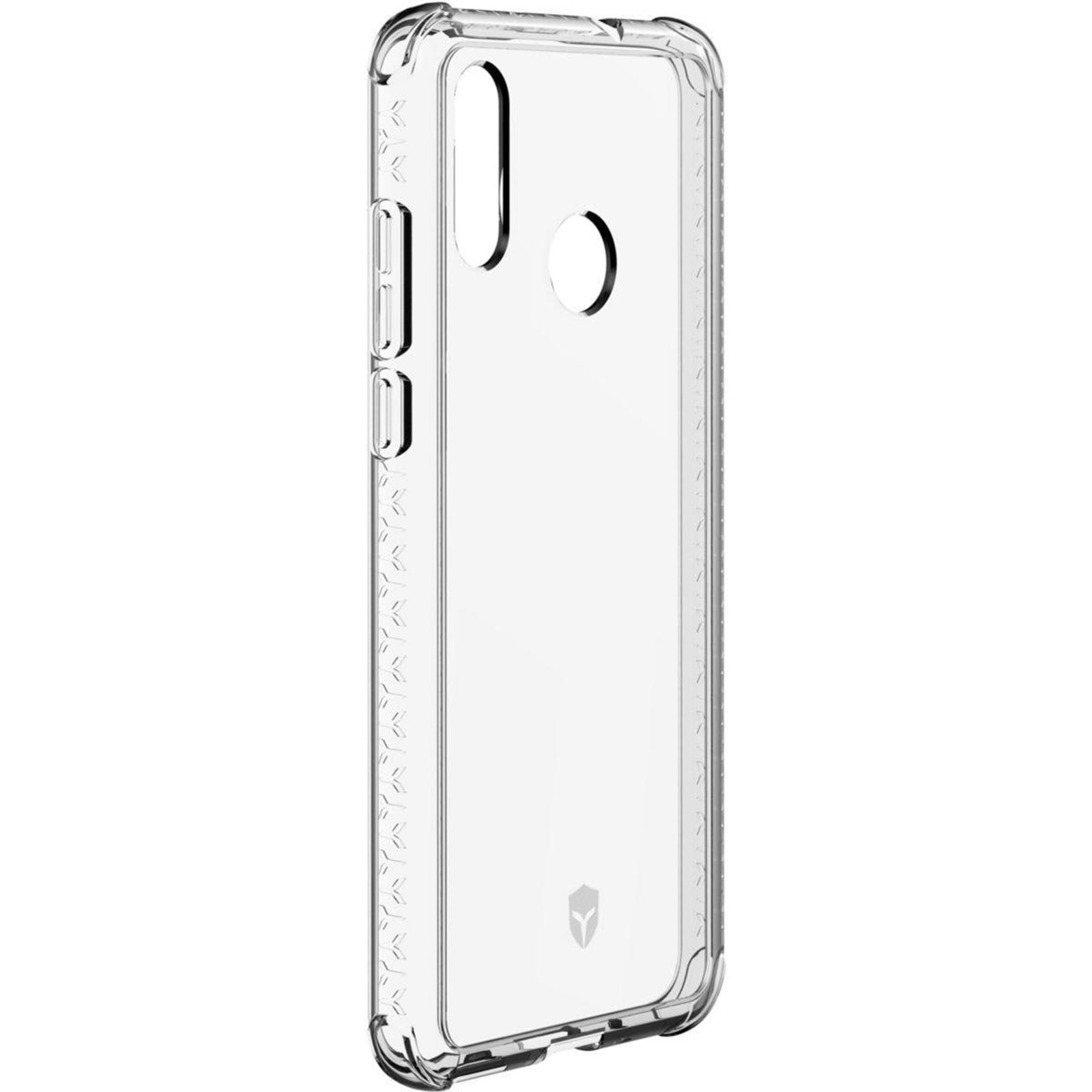 Transparante telefoonhoes met camera-uitsparingen en zijknoppen. Het heeft een helder, transparant ontwerp.