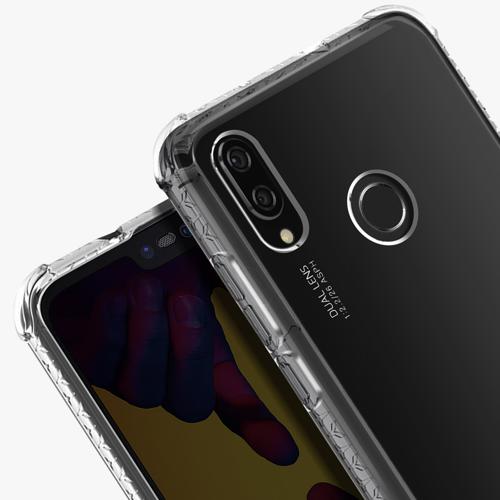 Twee telefoons zijn schuin geplaatst om hun camera's te laten zien. De telefoonhoesjes zijn doorzichtig, waardoor de achterkant zichtbaar is.