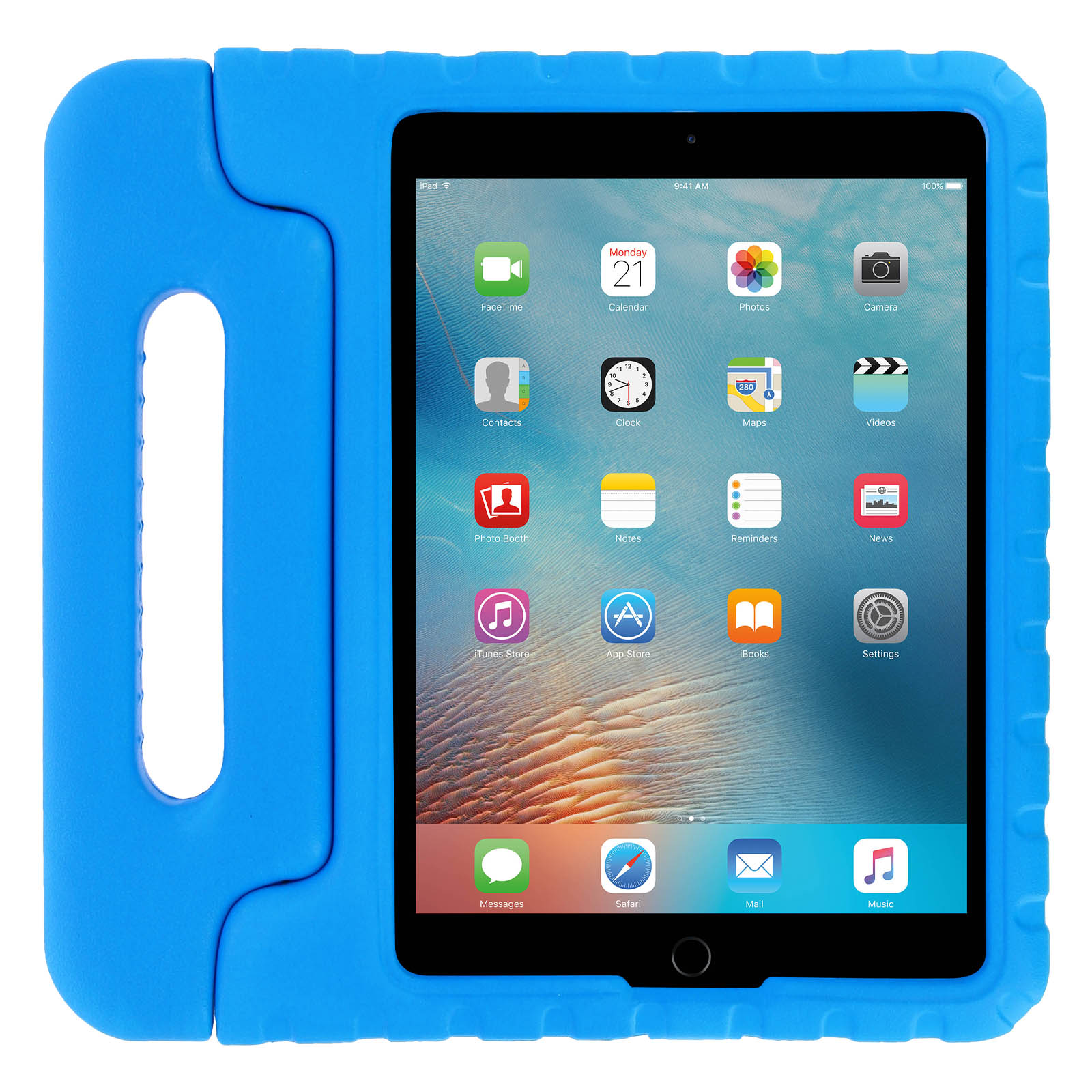 Blaue Tablet-Hülle für Kinder mit Griff. Der Bildschirm zeigt Apps und eine Uhr.