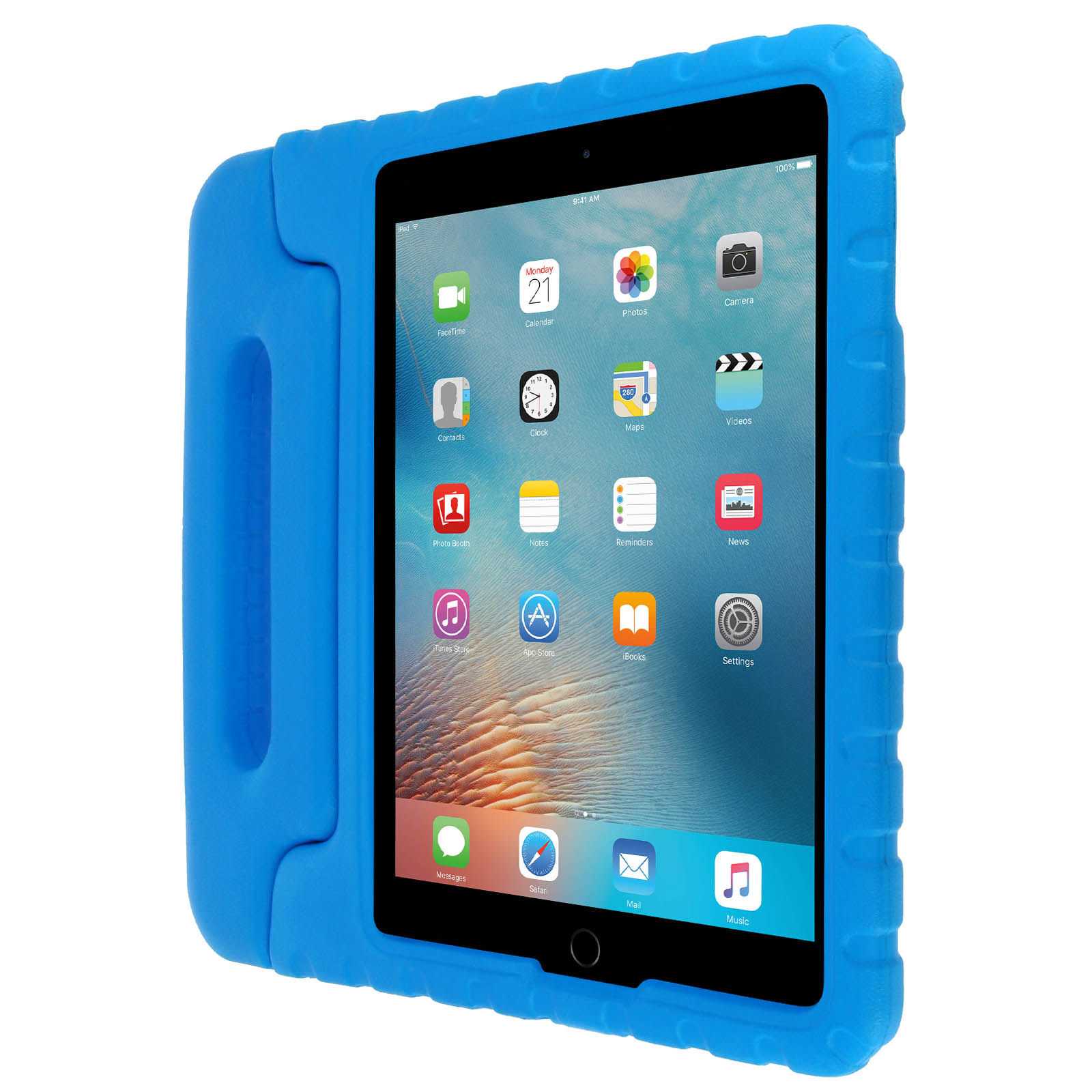 Blaues Tablet in einer blauen Hülle. Das Tablet zeigt einen App-Bildschirm. Weißer Hintergrund.