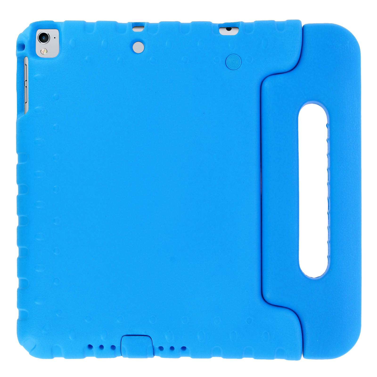 Blaue Tablethülle mit Griff. Die Hülle hat Aussparungen für Kamera und Knöpfe.