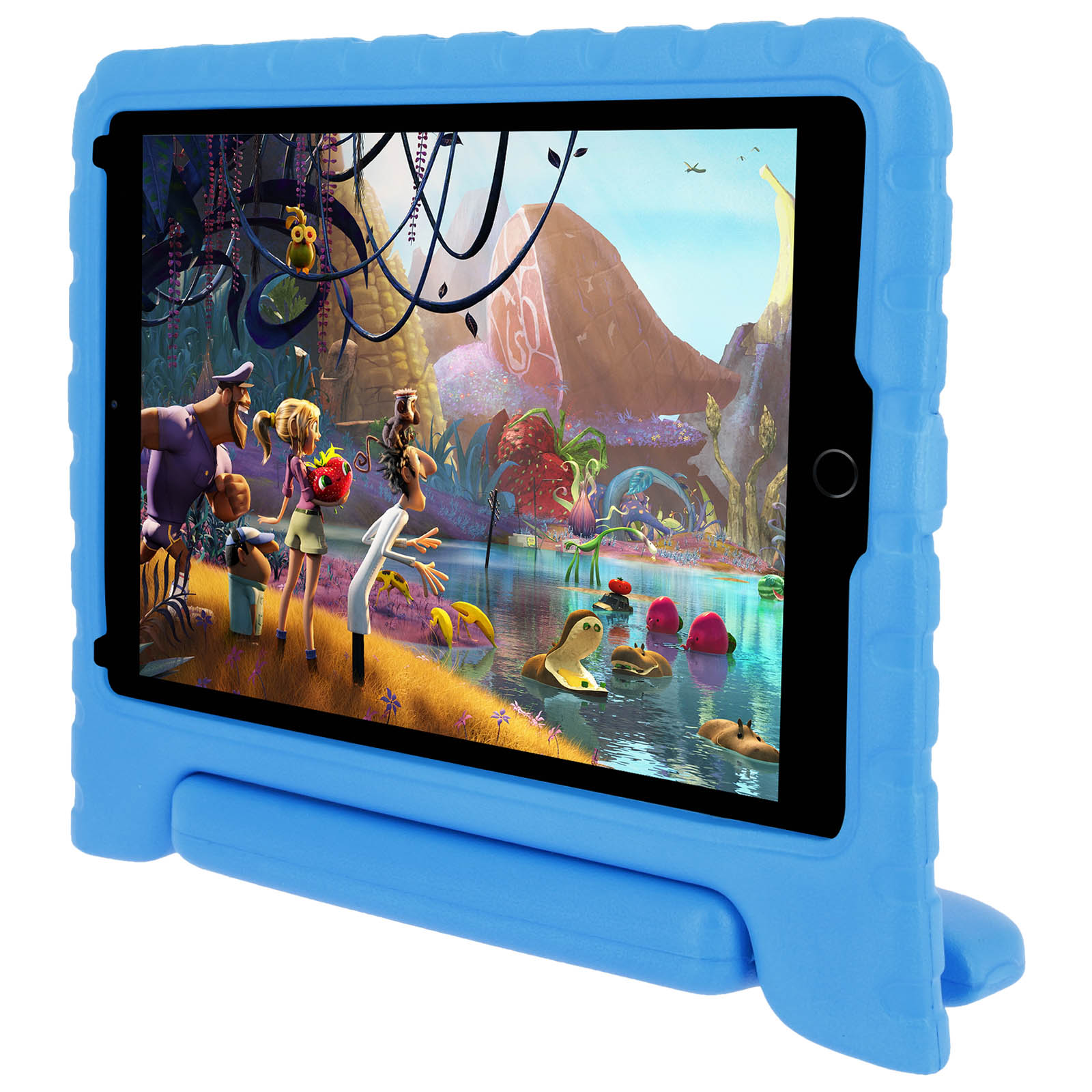 Blaues Tablet in Schutzhülle. Bildschirm zeigt Zeichentrickszene. Hintergrund weiß.