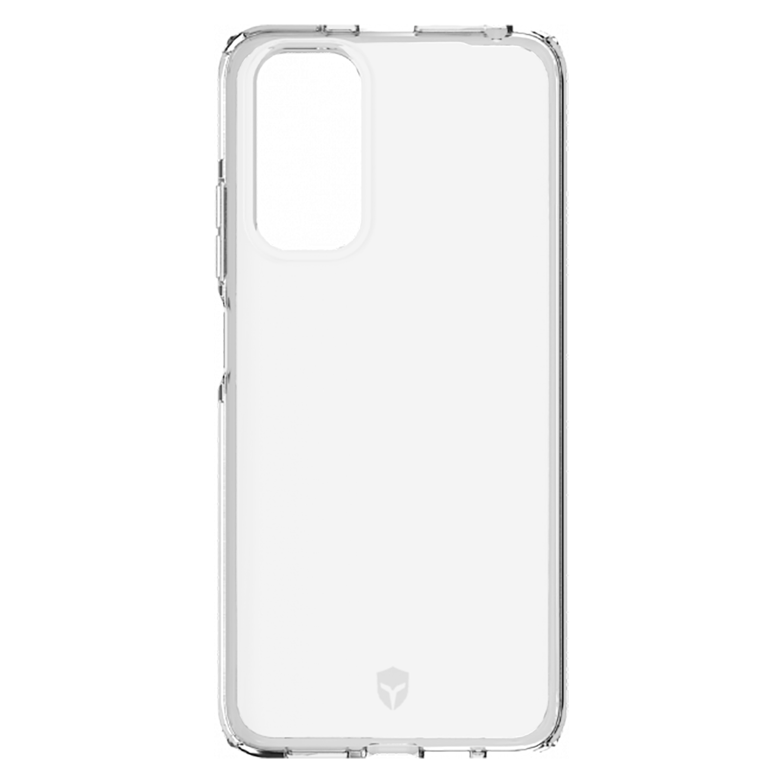 Een transparante telefoonhoes. Hij is transparant, met een camera-uitsparing en merklogo onderaan.