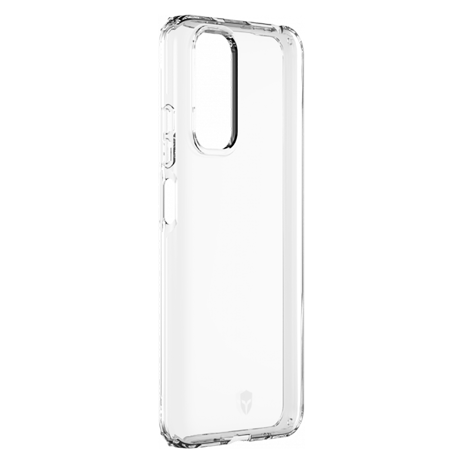 Een doorzichtige telefoonhoes op een zwarte achtergrond. De hoes heeft een uitsparing voor de camera.