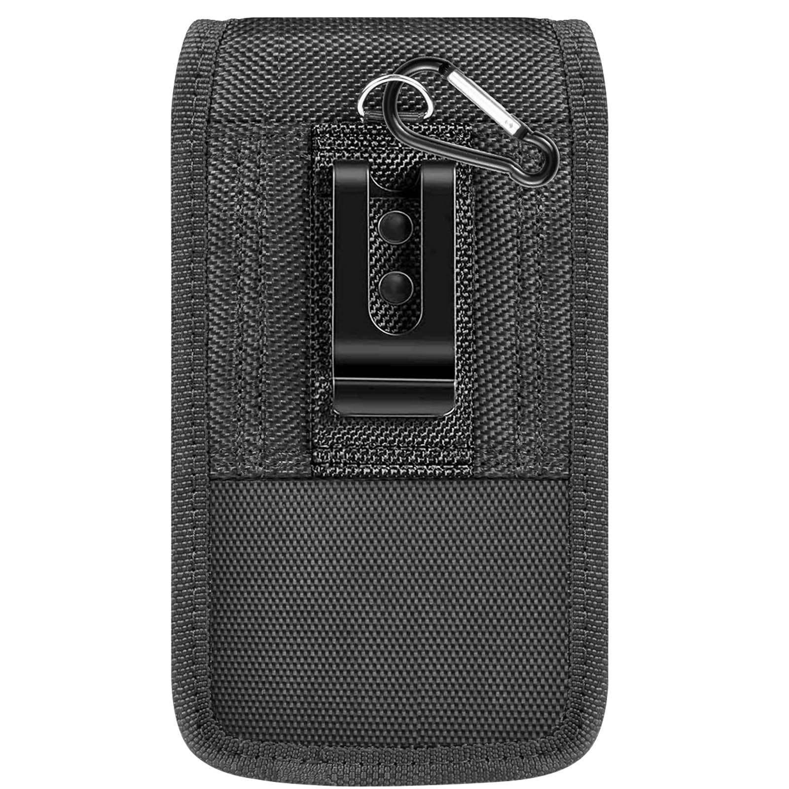 Schwarze Handy-Gürtelclip-Hülle mit Karabinerhaken.