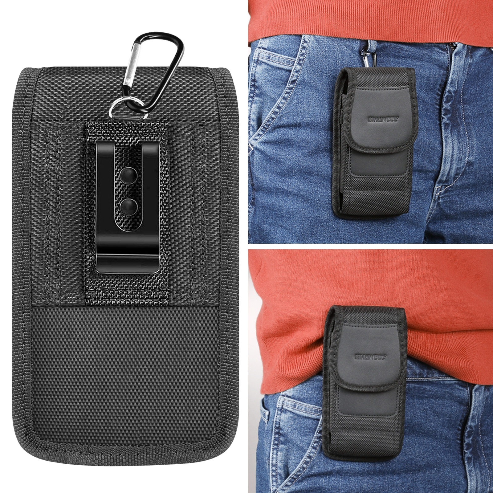 Schwarze Telefonhalterung an einem Gürtel mit Clip befestigt.