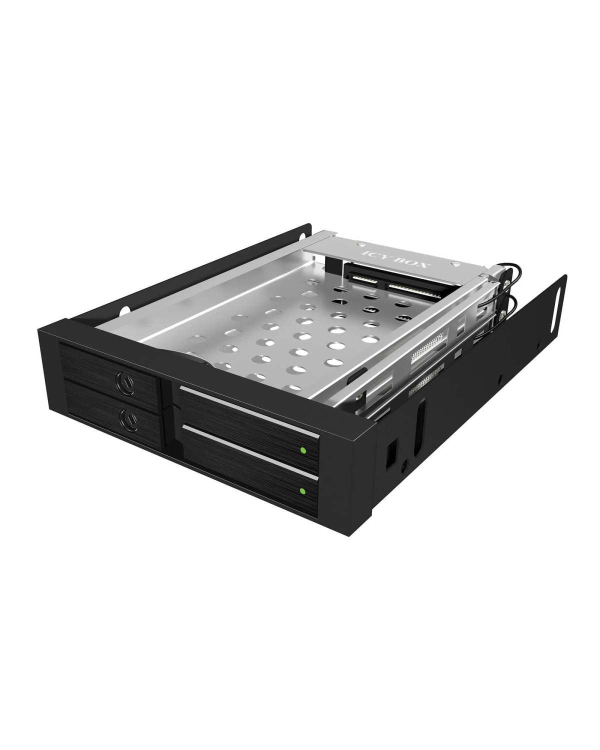 Schwarzes und silbernes Festplattengehäuse. Das ICYBOX-Label ist sichtbar.