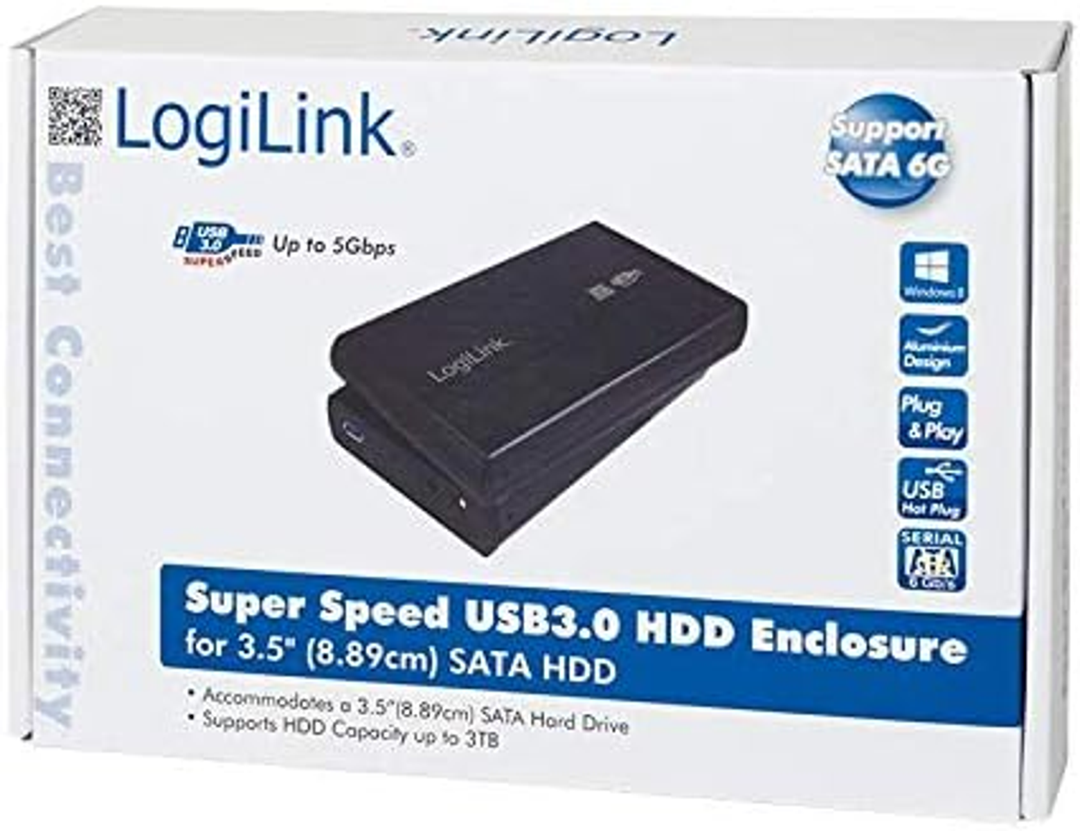 Eine Schachtel mit 'LogiLink'-Branding und einem Bild und Text eines USB 3.0 HDD-Gehäuses.