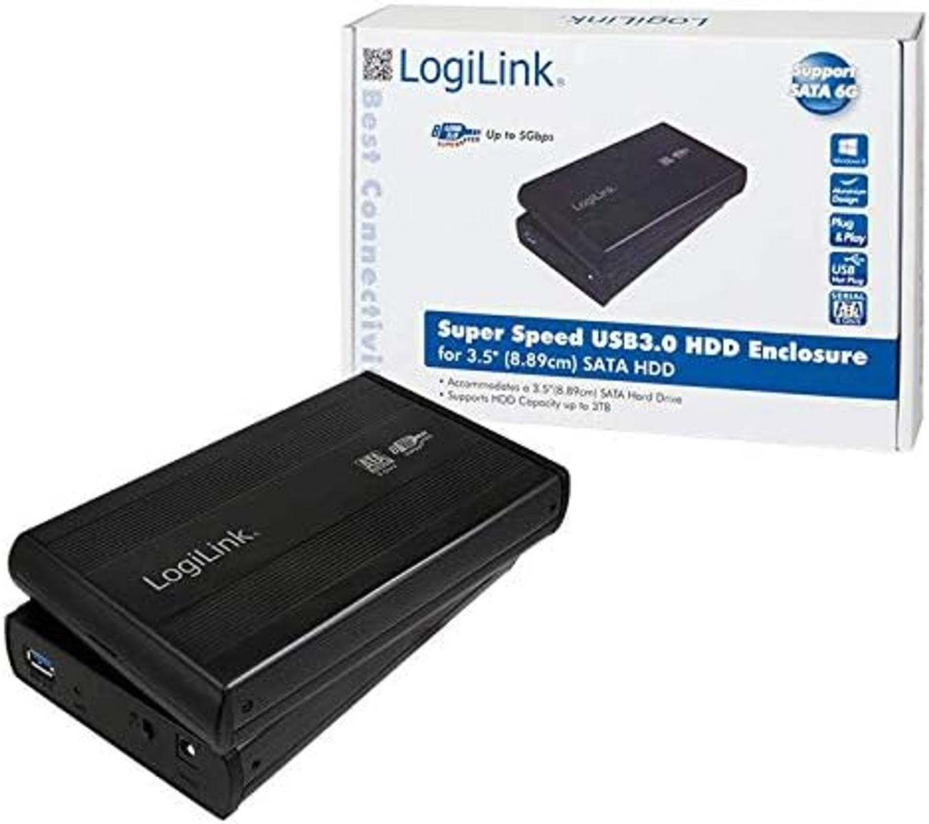 Box mit einem schwarzen Festplattengehäuse. Die Box hat LogiLink-Marken.