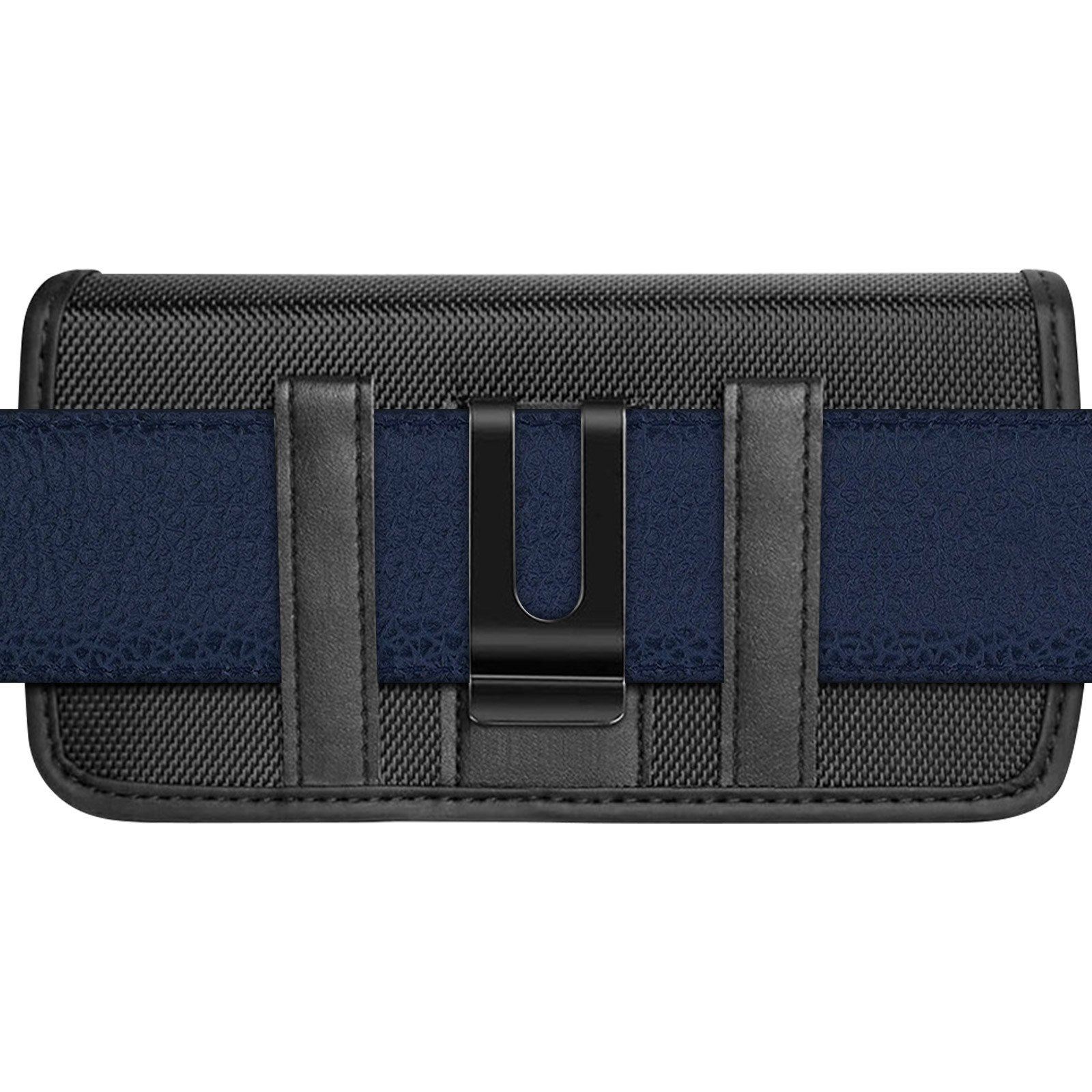 Custodia da cintura nera con cintura blu scuro e clip in metallo.