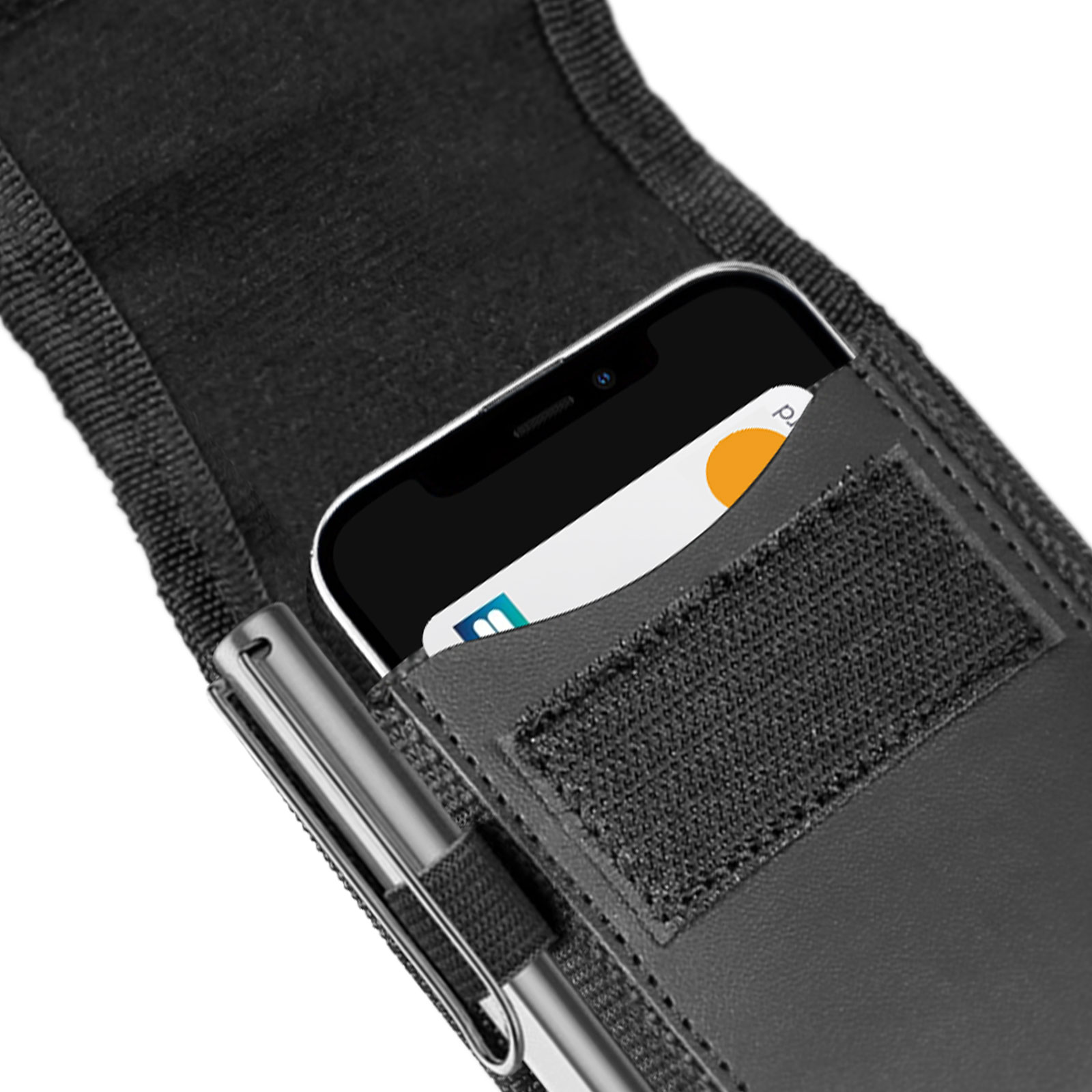 Telefono nero in una custodia nera con una penna. La custodia ha fessure per carte e chiusura in velcro.