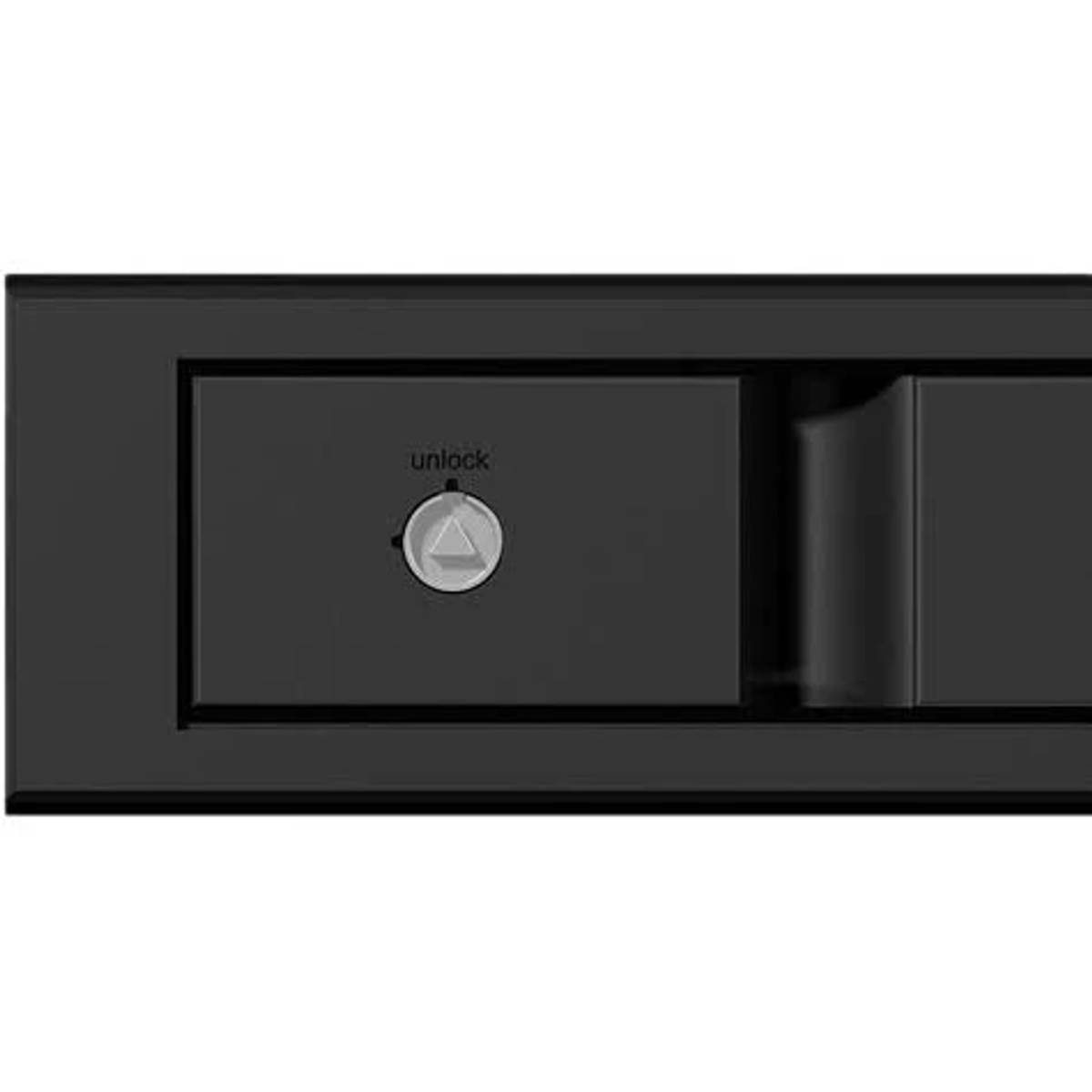 Schwarzes Elektropanel mit der Aufschrift 'unlock'.
