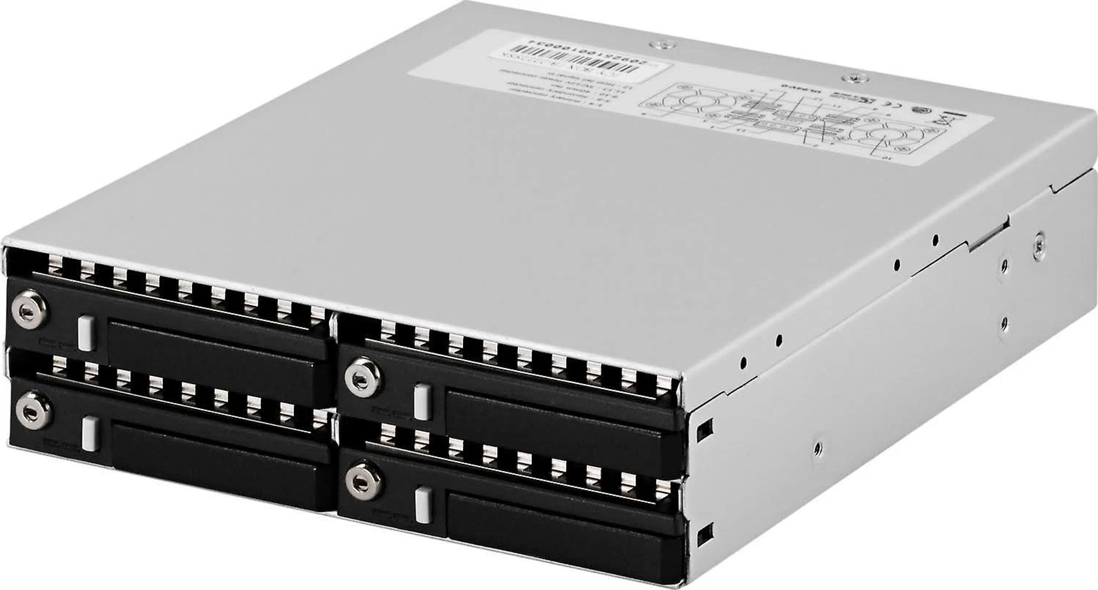 Silberne Computerhardware mit zwei schwarzen Festplatten, Vorderansicht.
