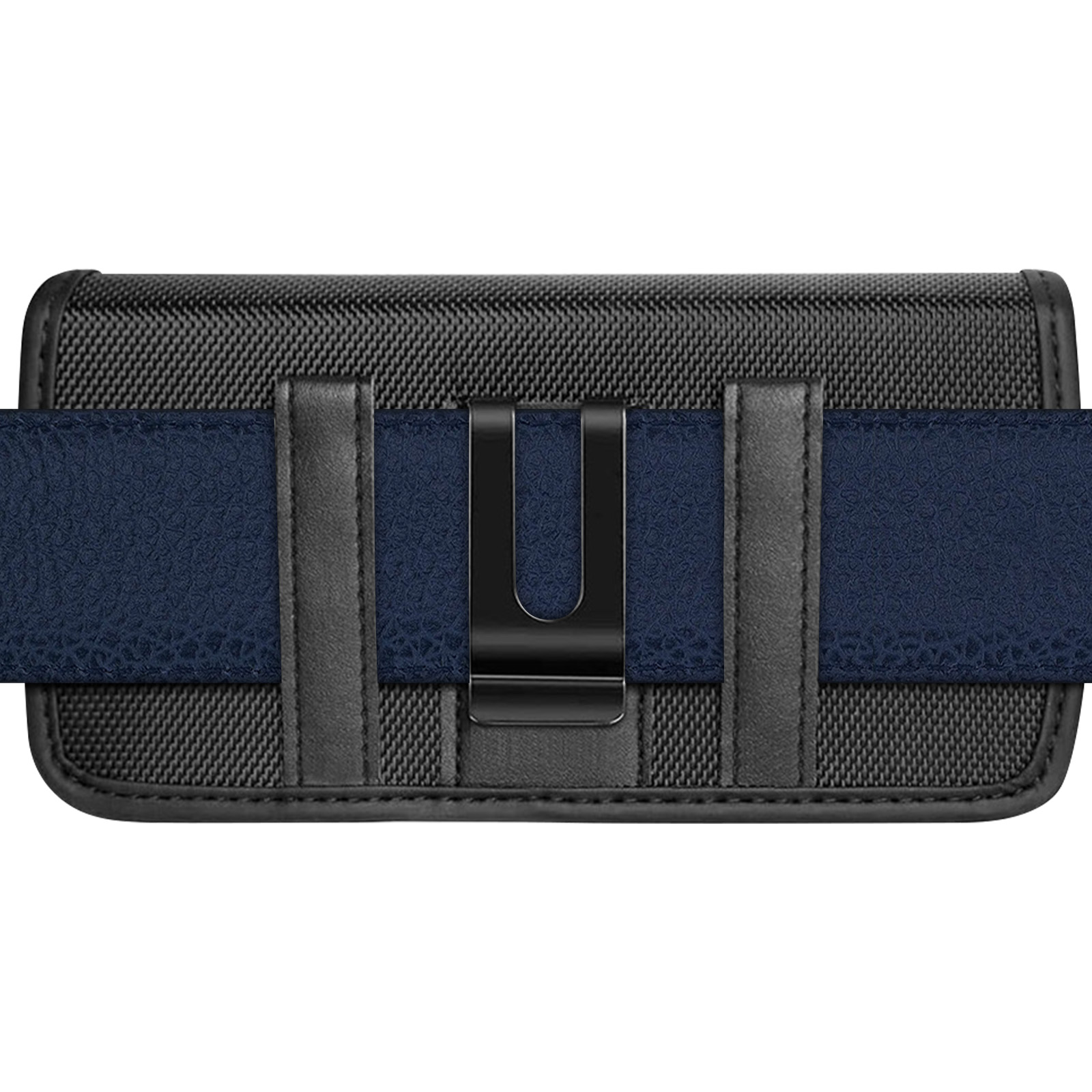 Schwarze Telefonholster mit blauer Gürtelschlaufe, Vorderansicht.