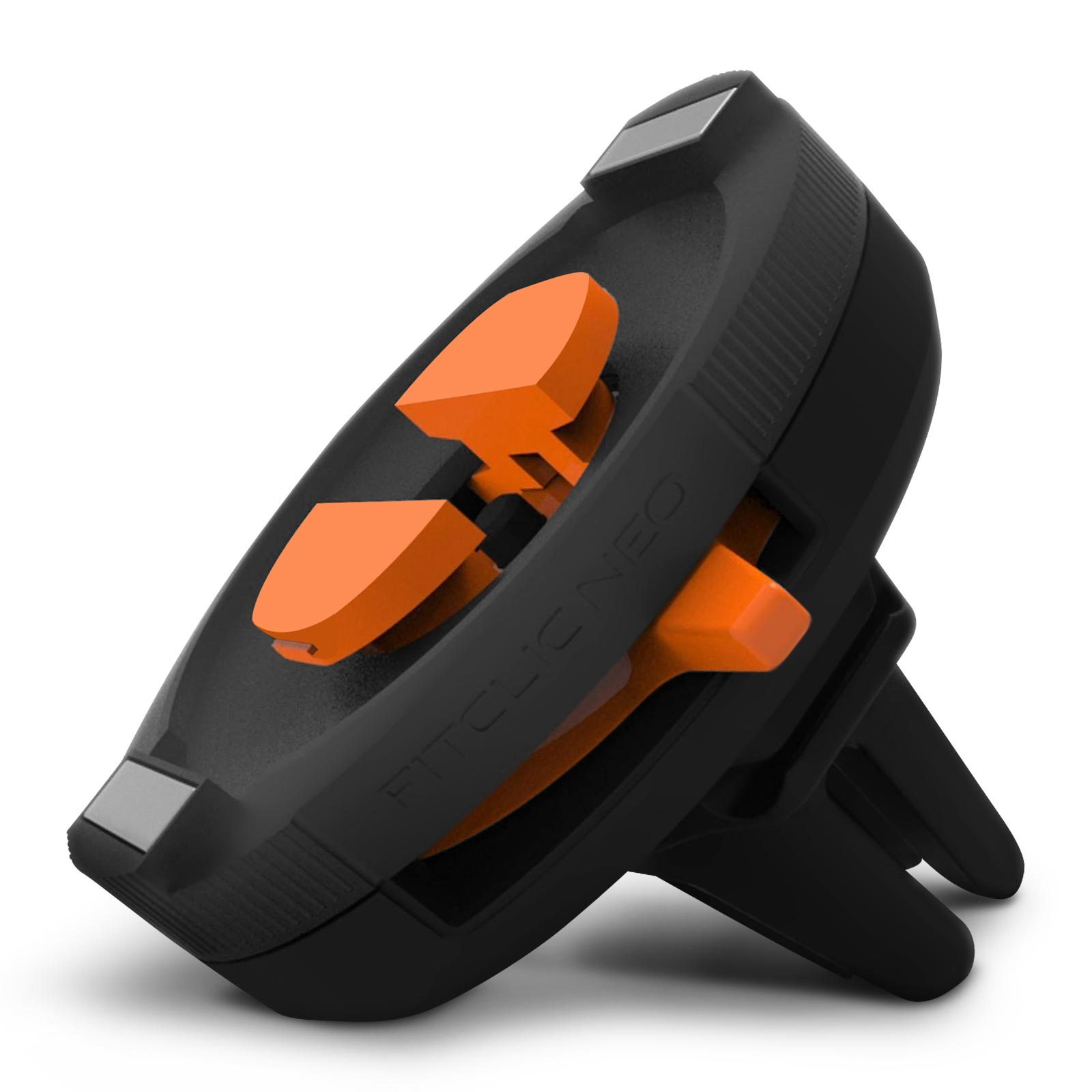 Schwarzer Kfz-Lüftungstelefonhalter. Der Halter hat orangefarbene Verstellteile. FITCLIC NEO-Text sichtbar.