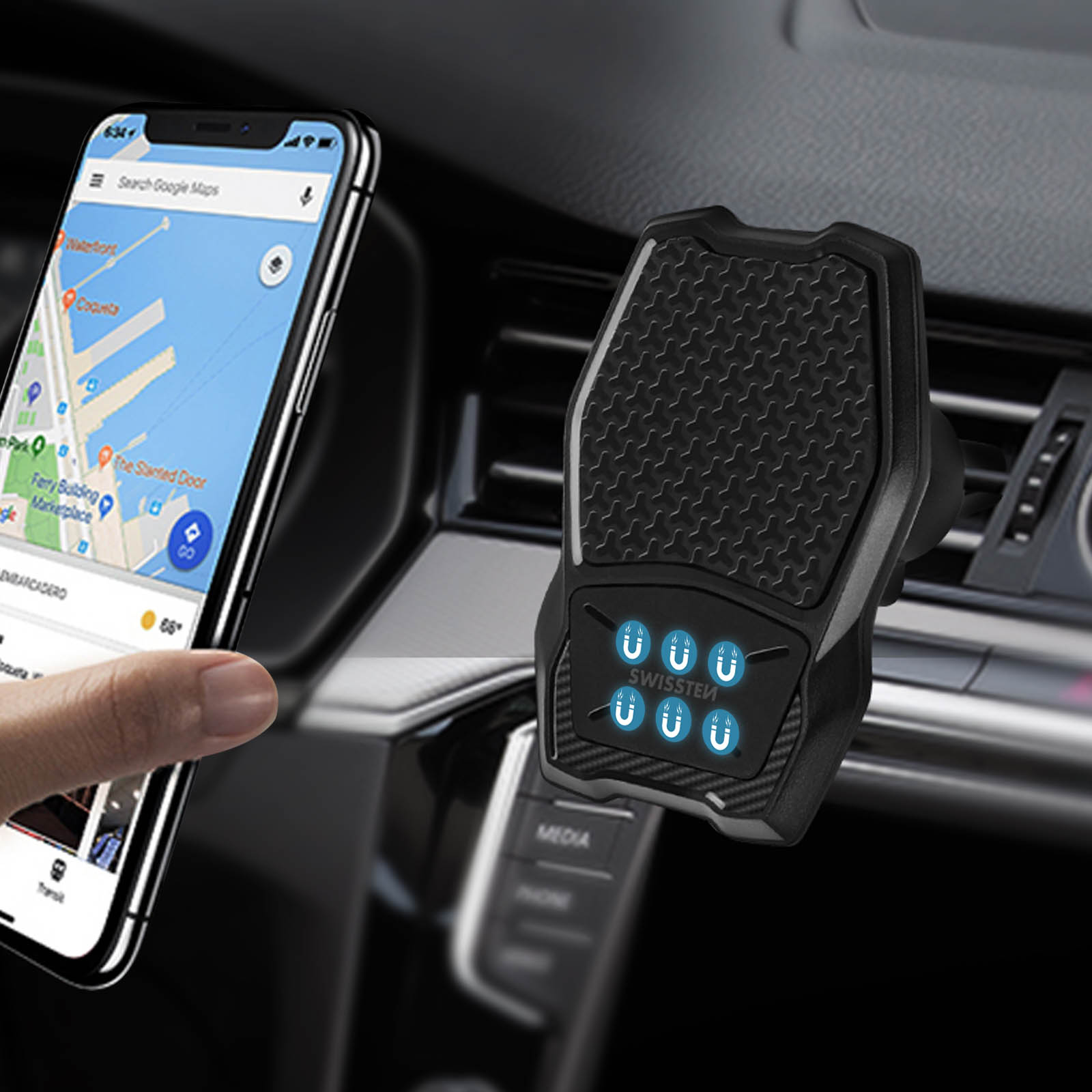 Smartphone auf einer Autolüfterhalterung mit einer Navigations-App.