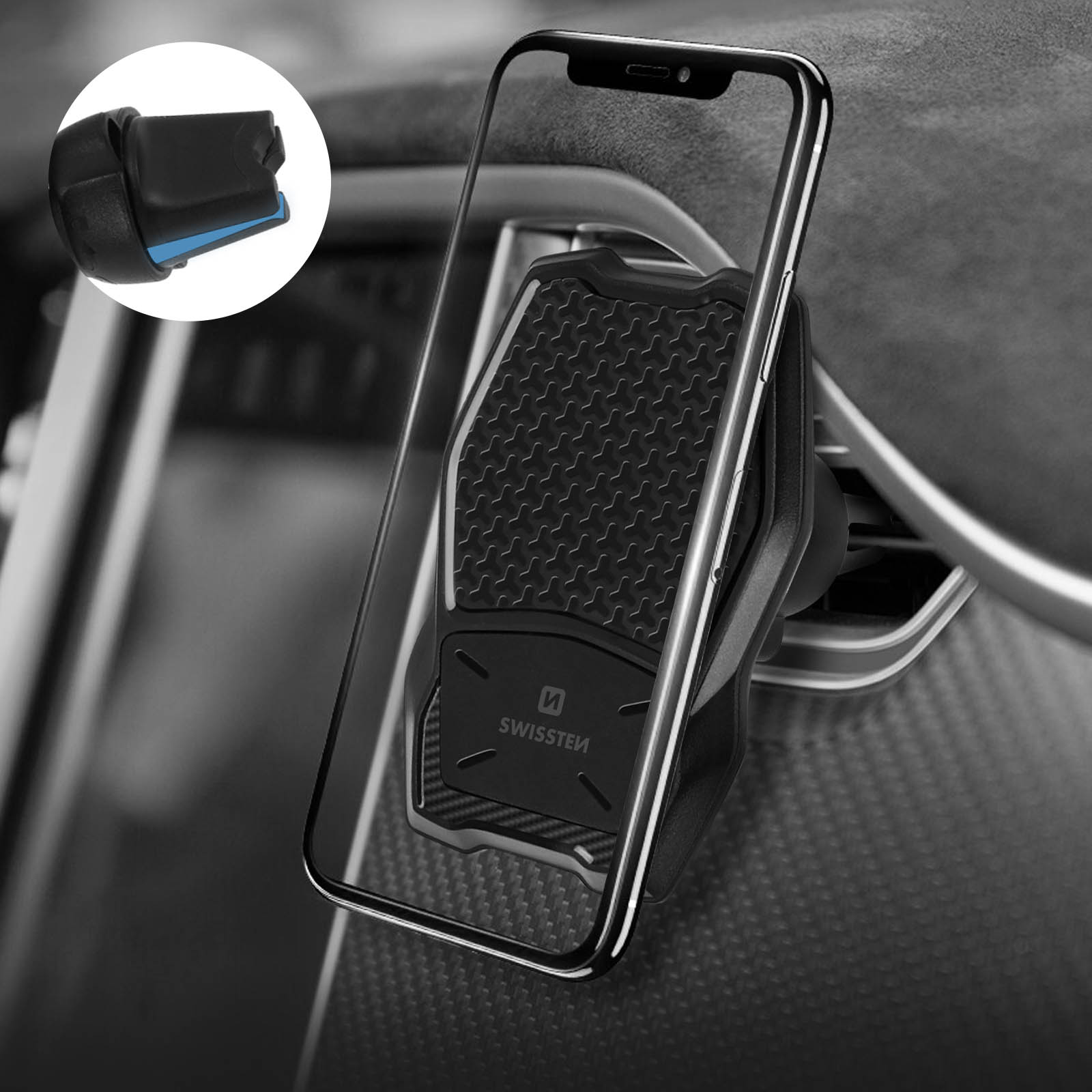 Ein Telefon, das in der Lüftung eines Autos montiert ist, zeigt einen Telefonbildschirm.