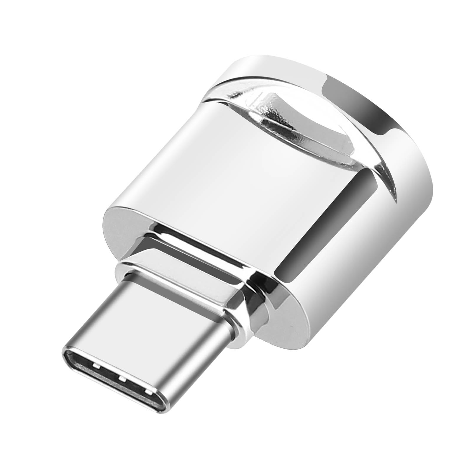 Ein silberner USB-C-Adapter mit glatter, reflektierender Oberfläche.
