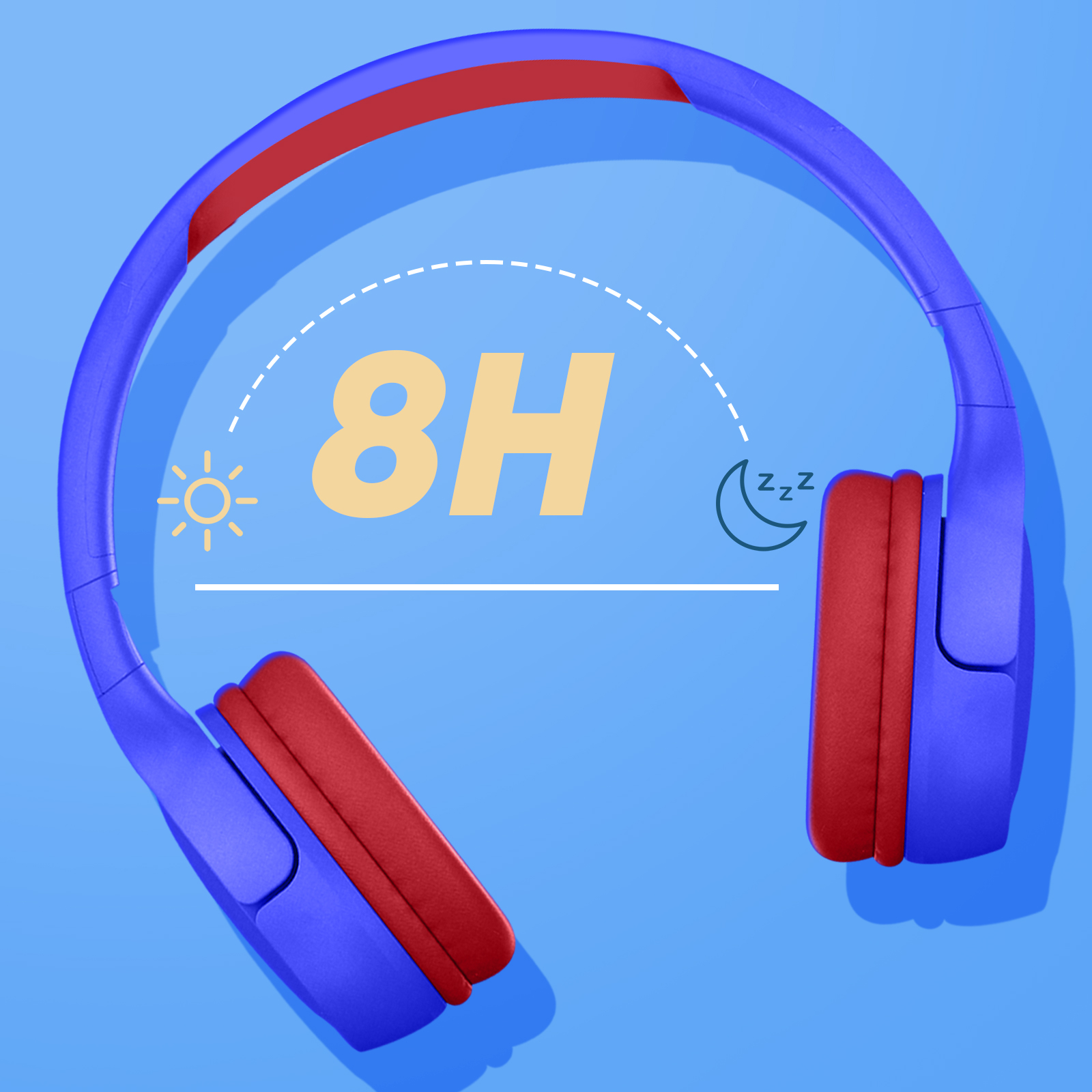 Casque bleu avec oreillettes rouges. Une icône 8H est présente. Fond bleu.