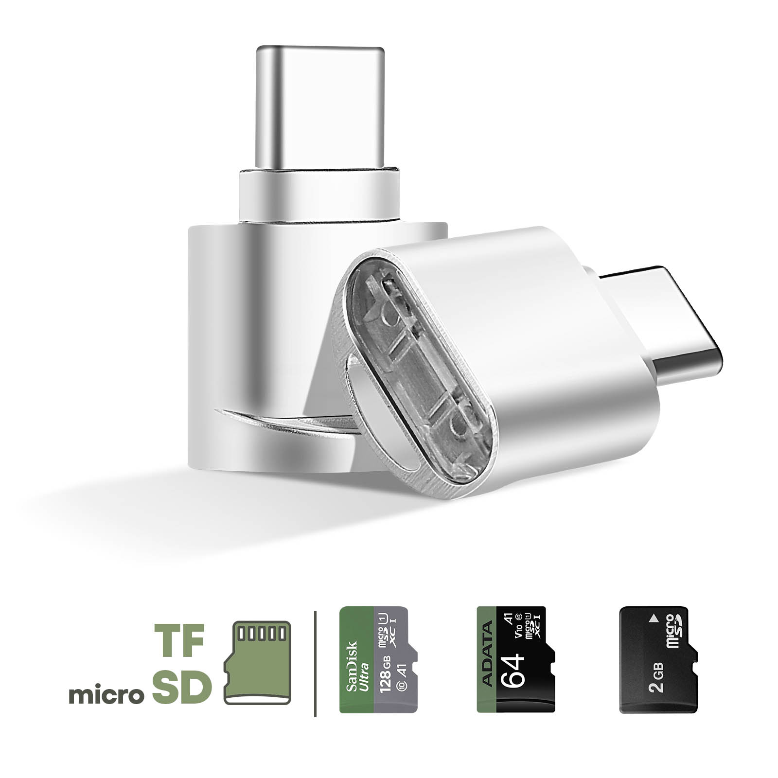 Zwei silberne USB-C-Kartenleser liegen nebeneinander. Darunter sind SD-Karten abgebildet.