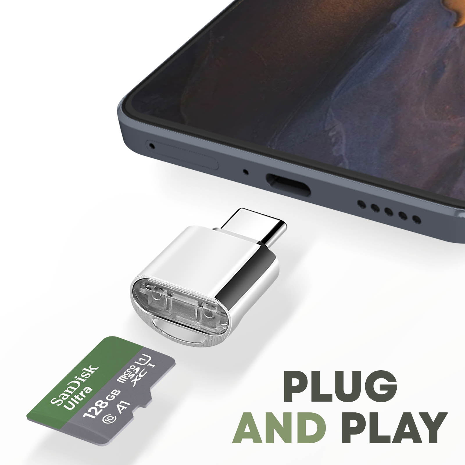 Ein silberner USB-C-Adapter und eine 128-GB-Speicherkarte liegen neben einem Smartphone.