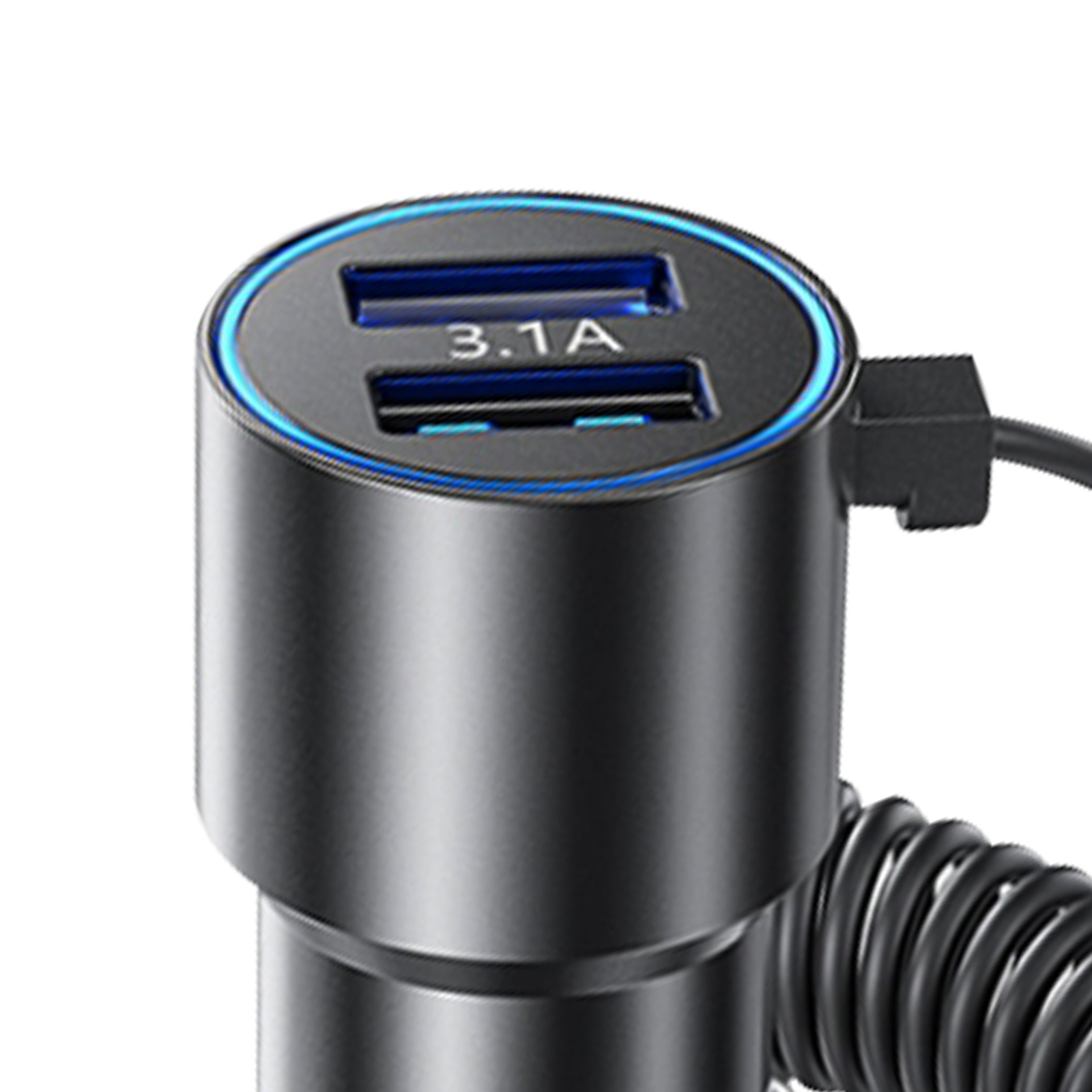Caricabatterie per auto nero con due porte USB e luce blu. Visualizza 3.1A.
